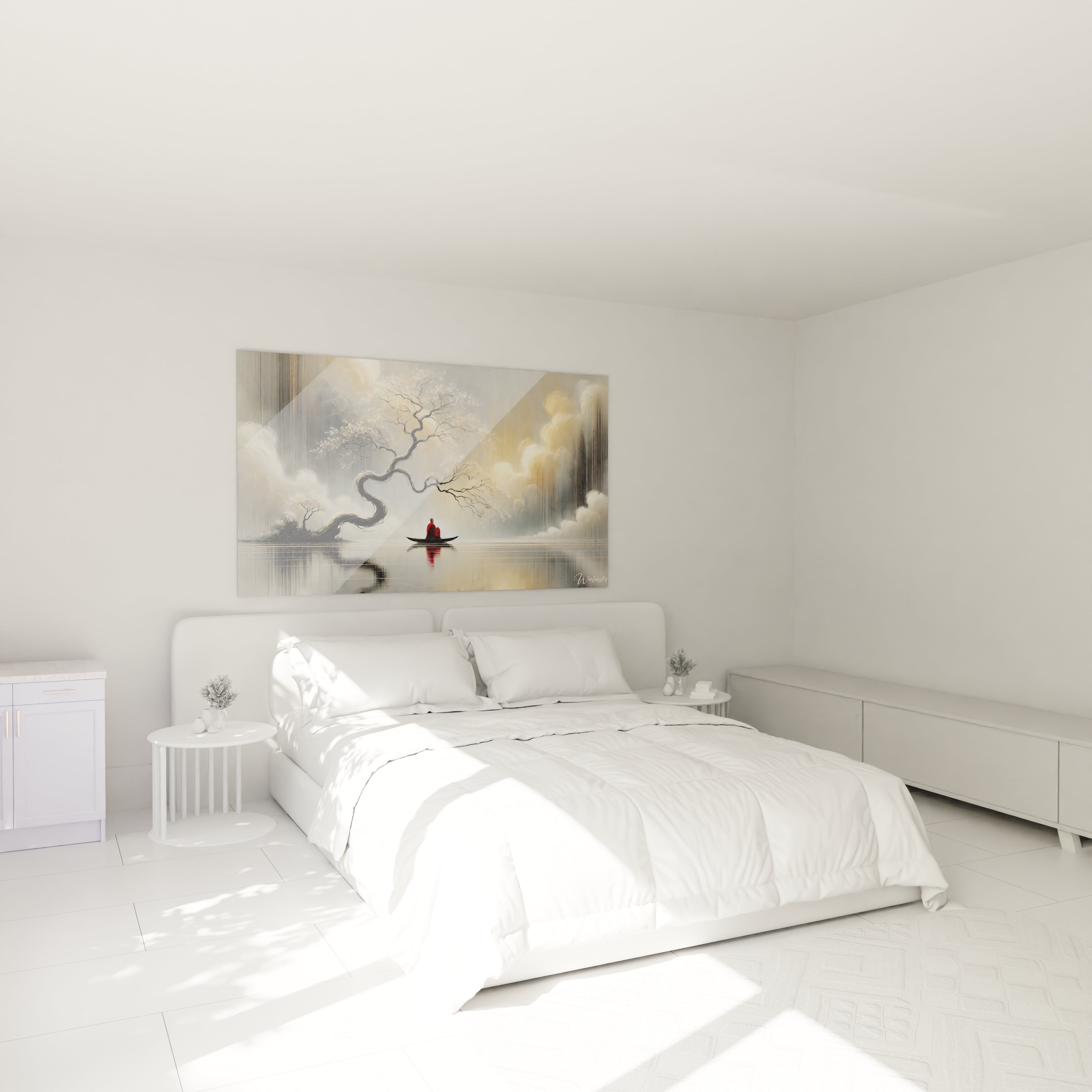 Transformez votre chambre avec ce tableau feng shui accroché au-dessus du lit. Il apporte une ambiance apaisante et une énergie douce pour un espace zen et équilibré.

