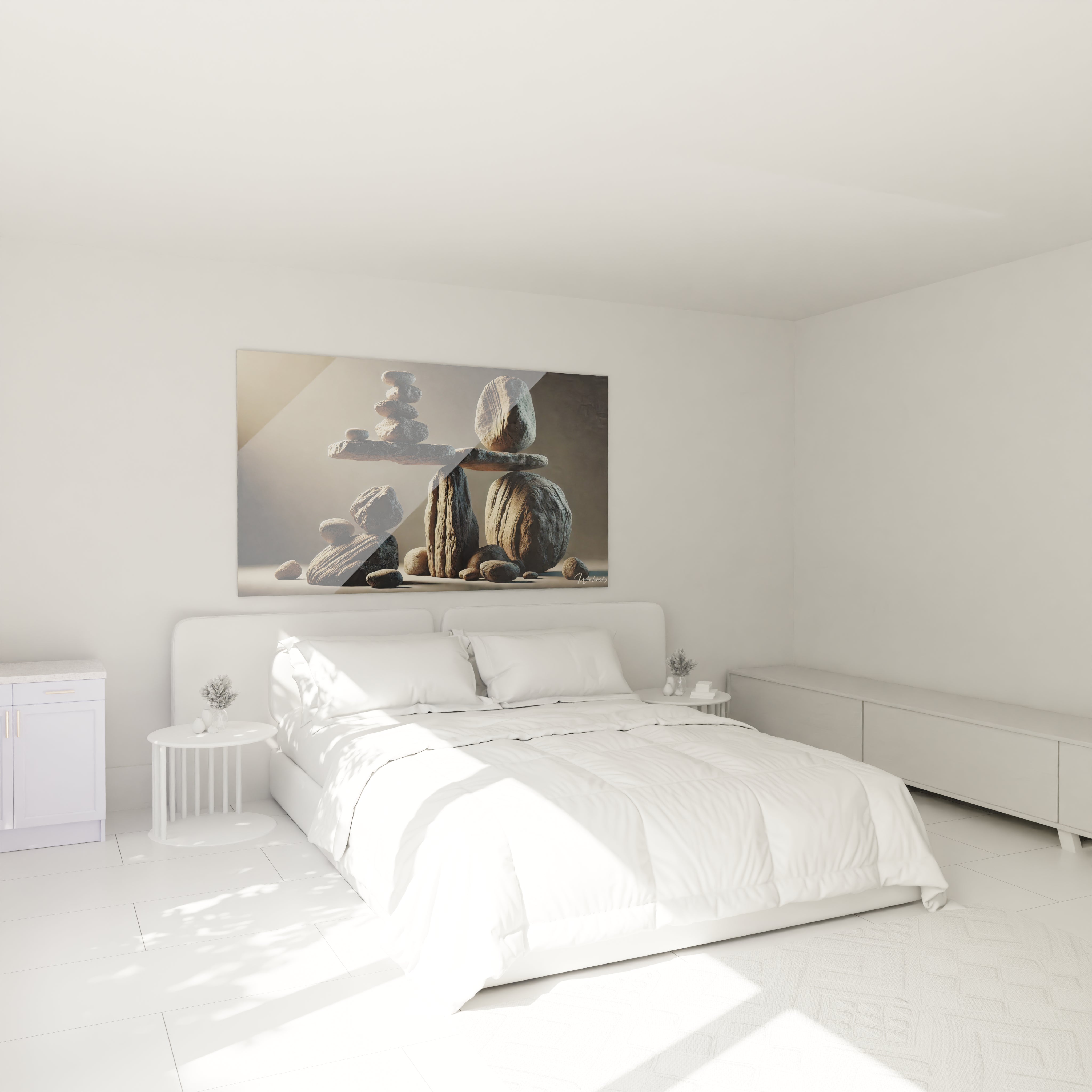 Dans une chambre, ce tableau feng shui ajoute une ambiance apaisante au-dessus du lit. Ses couleurs naturelles et son design minimaliste favorisent un sommeil paisible et une harmonie totale.

