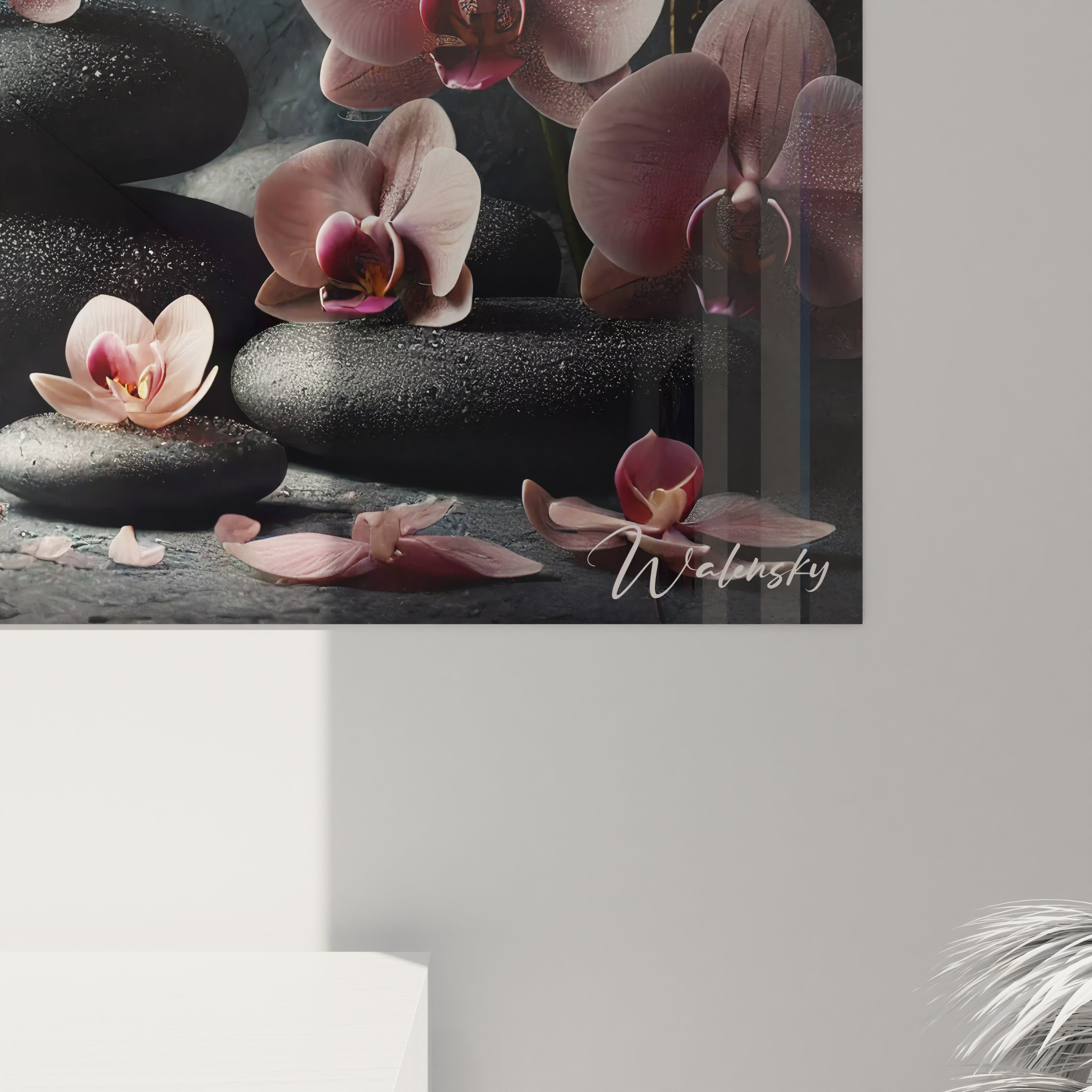 Une vue rapprochée du tableau feng shui révèle les détails réalistes des galets et orchidées, capturant la beauté naturelle et une énergie apaisante pour votre intérieur.






