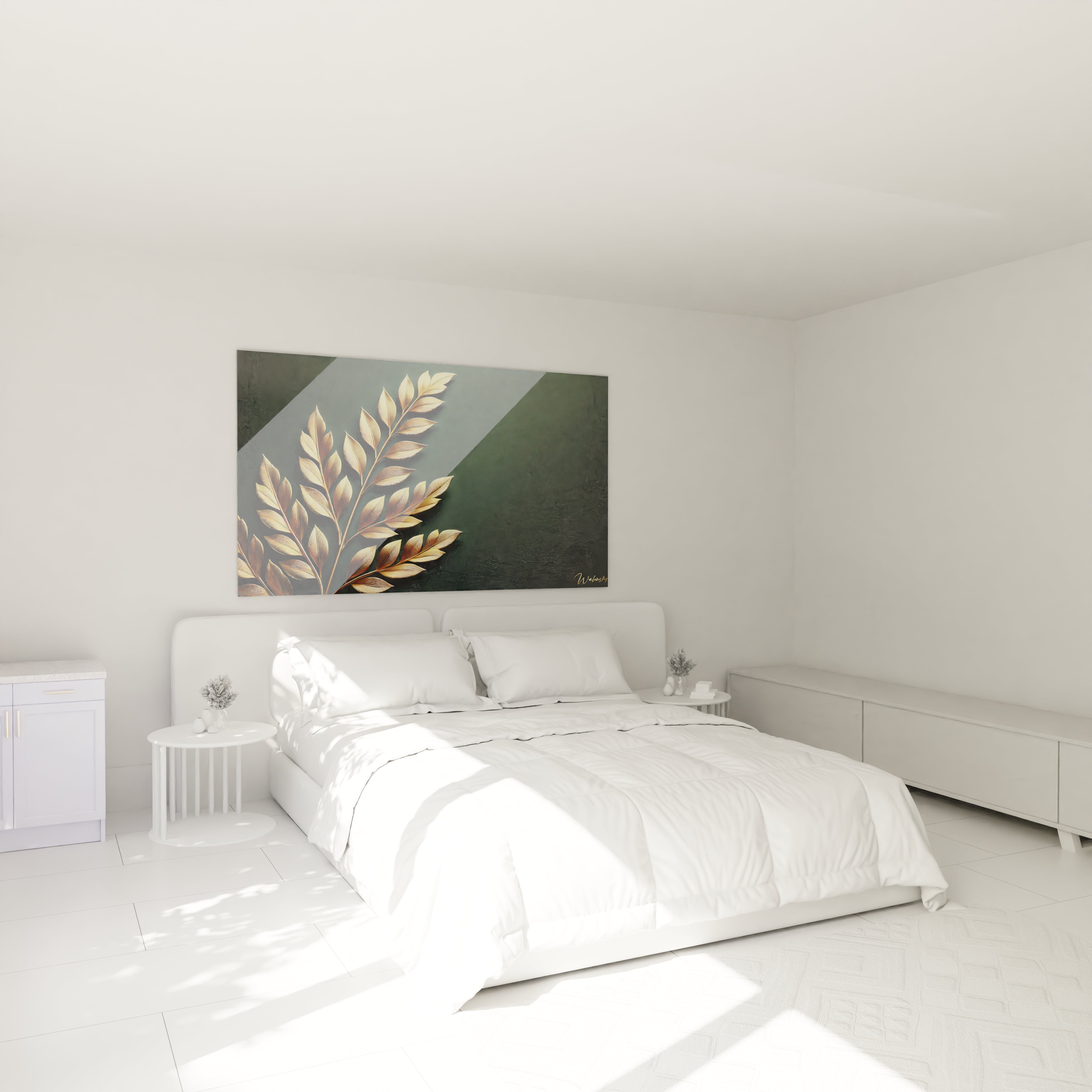 Dans cette chambre, le tableau Feuille d'Or suspendu au-dessus du lit apporte une atmosphere de calme et de raffinement. La richesse de l'or illumine la pièce en toute subtilité pour un decor majestueux.

