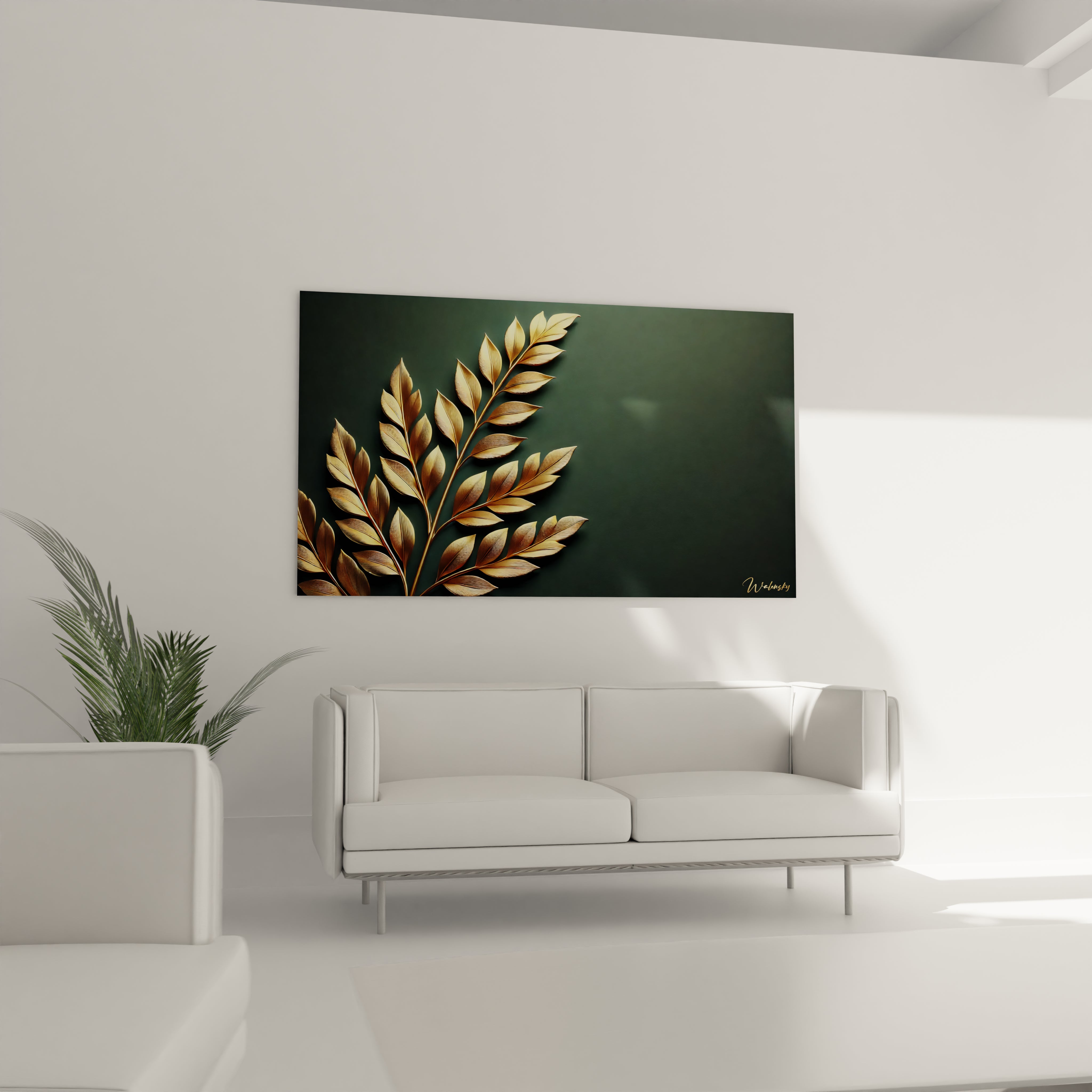 Sublimez votre salon avec ce tableau Feuille d'Or accroché au-dessus du canapé. Ses reflets d'or capturent la lumiere, revelant des nuances captivantes et un contraste enchanteur avec le fond vert sombre.

