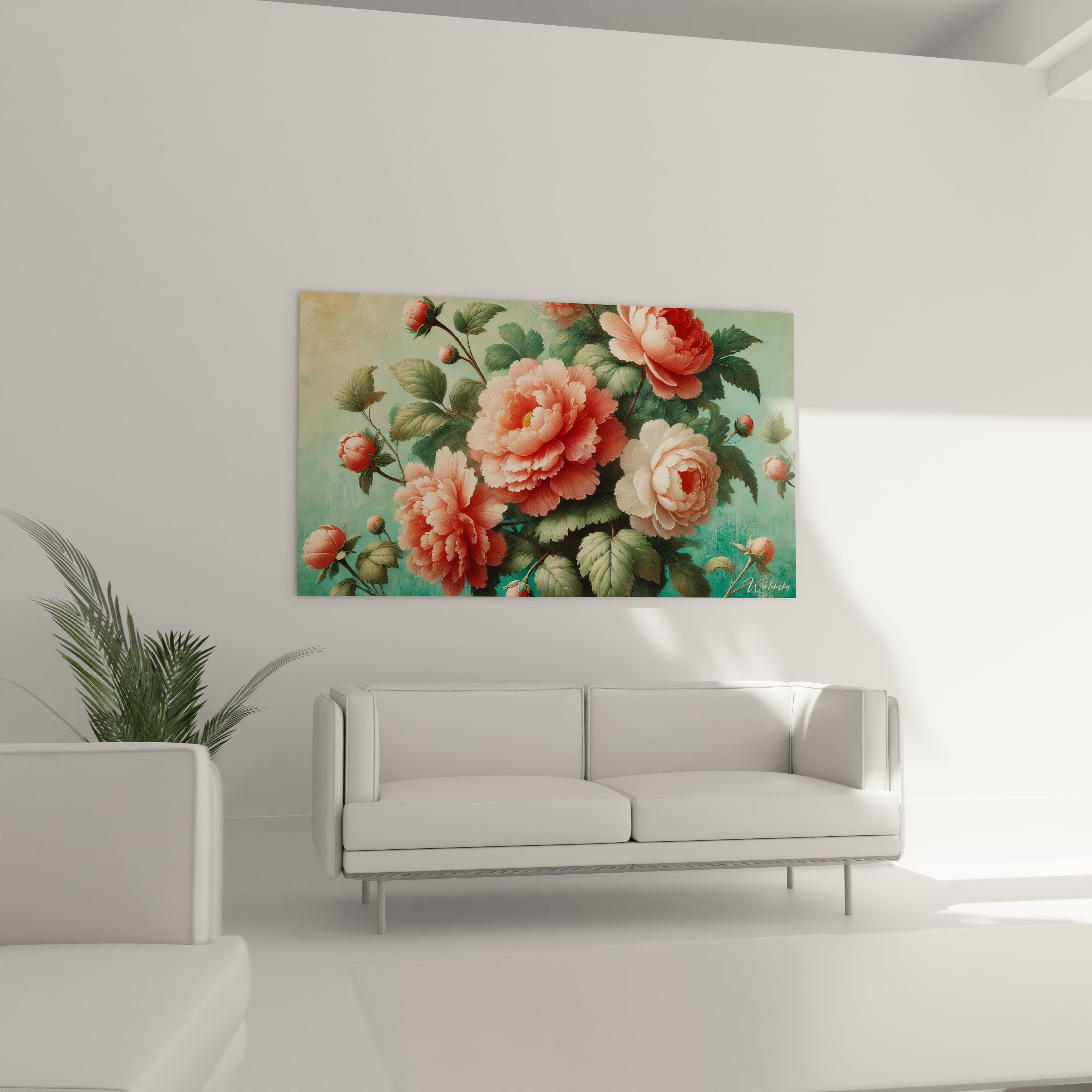 Au-dessus d un canape ce tableau Fleur ajoute un contraste visuel dans le salon. Ses fleurs realistes et oniriques apportent une touche de romantisme a l espace de vie