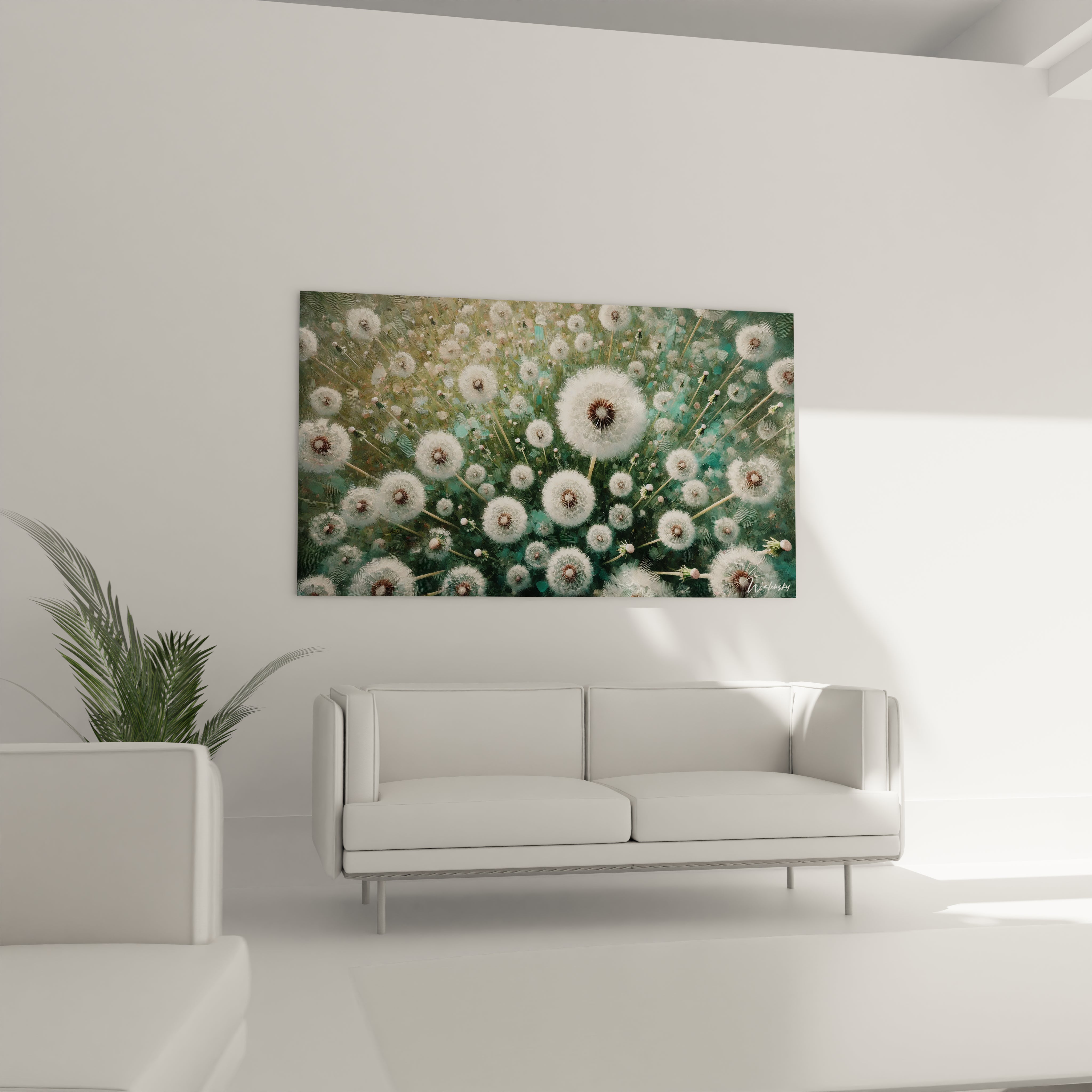 Ce Tableau Fleur dans un salon au-dessus du canape sublime la decoration avec sa composition de pissenlits en apesanteur. Une atmosphere tranquille et poetique emane de cette oeuvre contemporaine.

