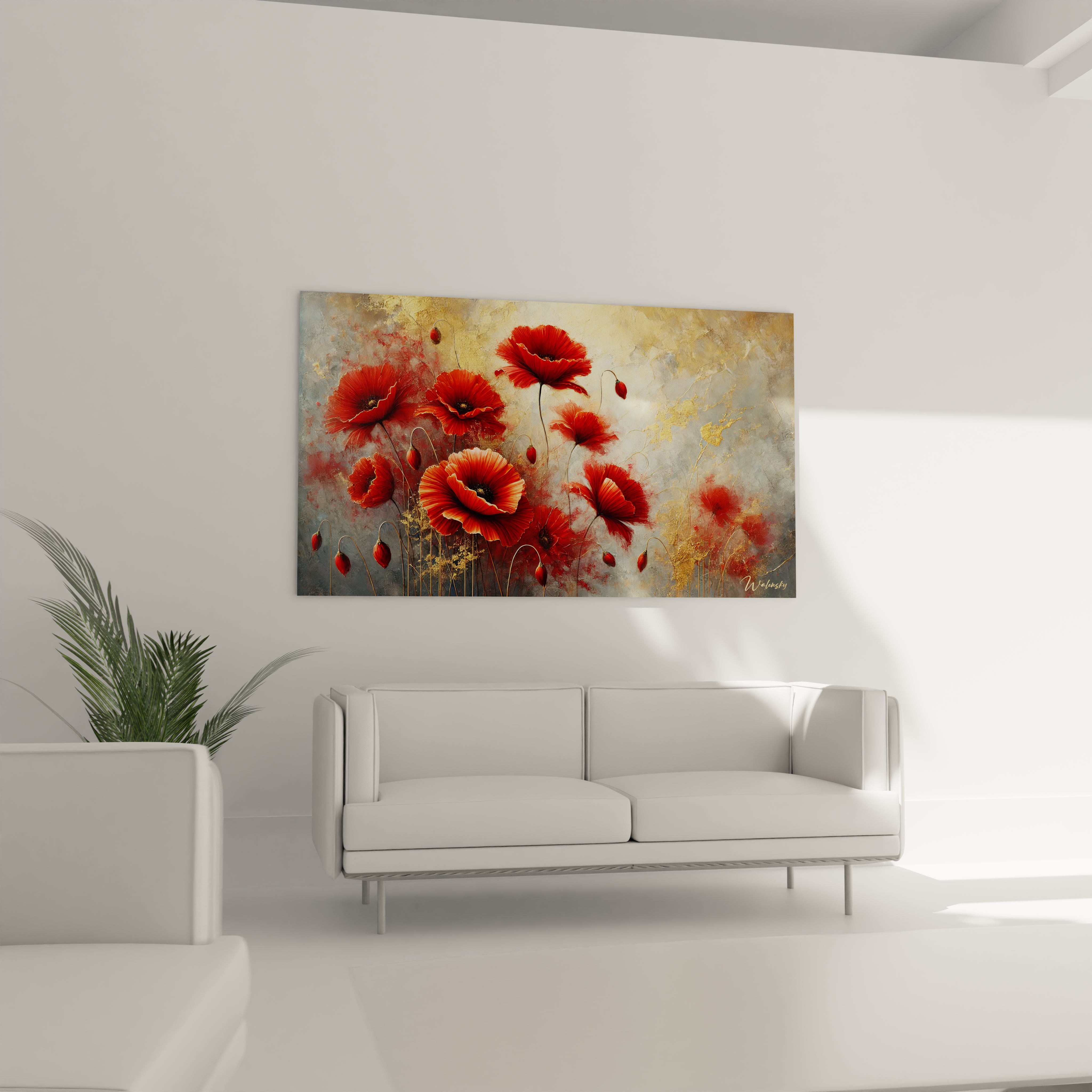 Sublimez votre salon avec ce tableau Fleur au-dessus du canapé. Les coquelicots rouge et or apportent mouvement et vie dans une harmonie parfaite de couleurs et textures.

