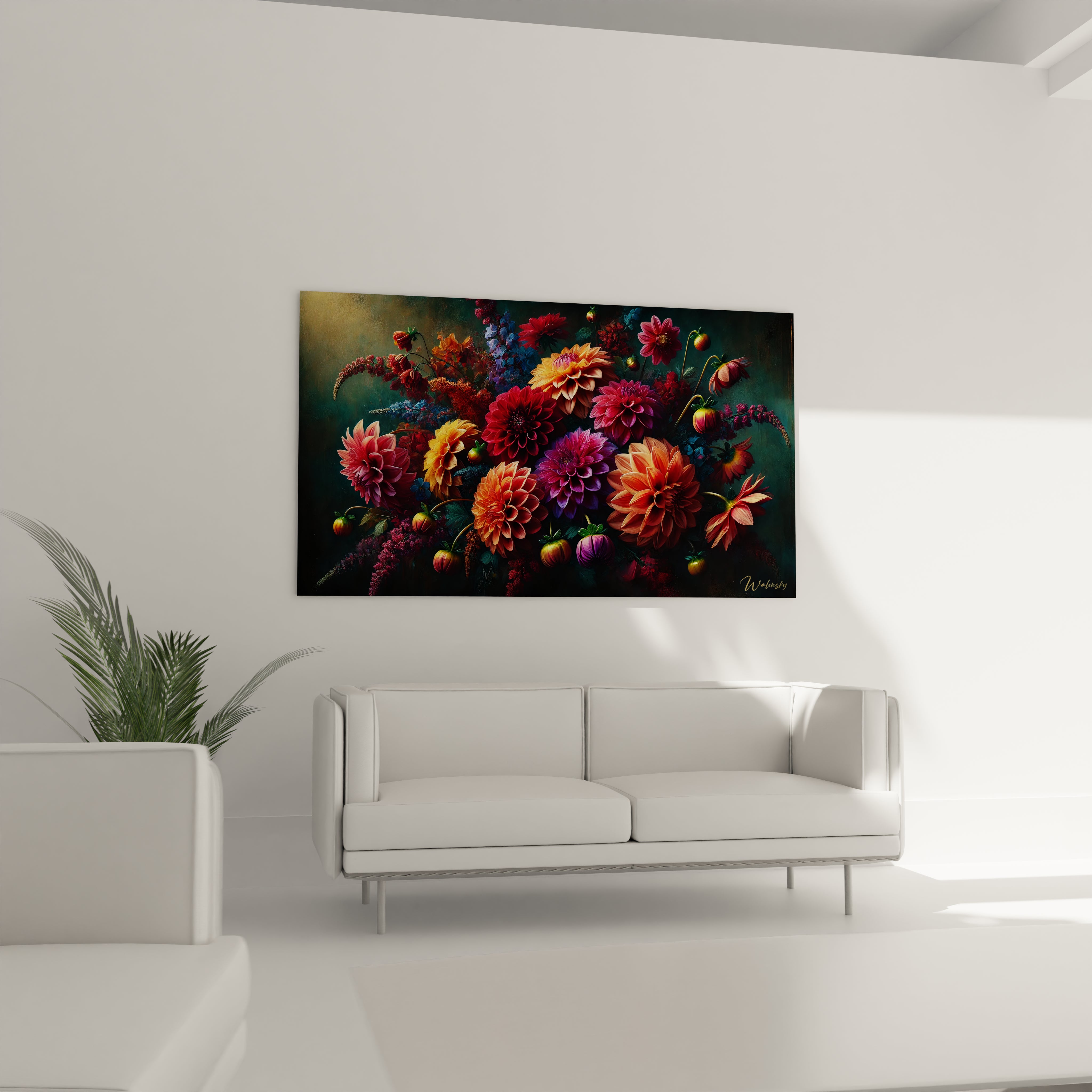 Tableau Fleur au-dessus du canapé créant un point focal artistique dans le salon, mêlant nuances d'orange, de rouge et de vert pour un effet spectaculaire.

