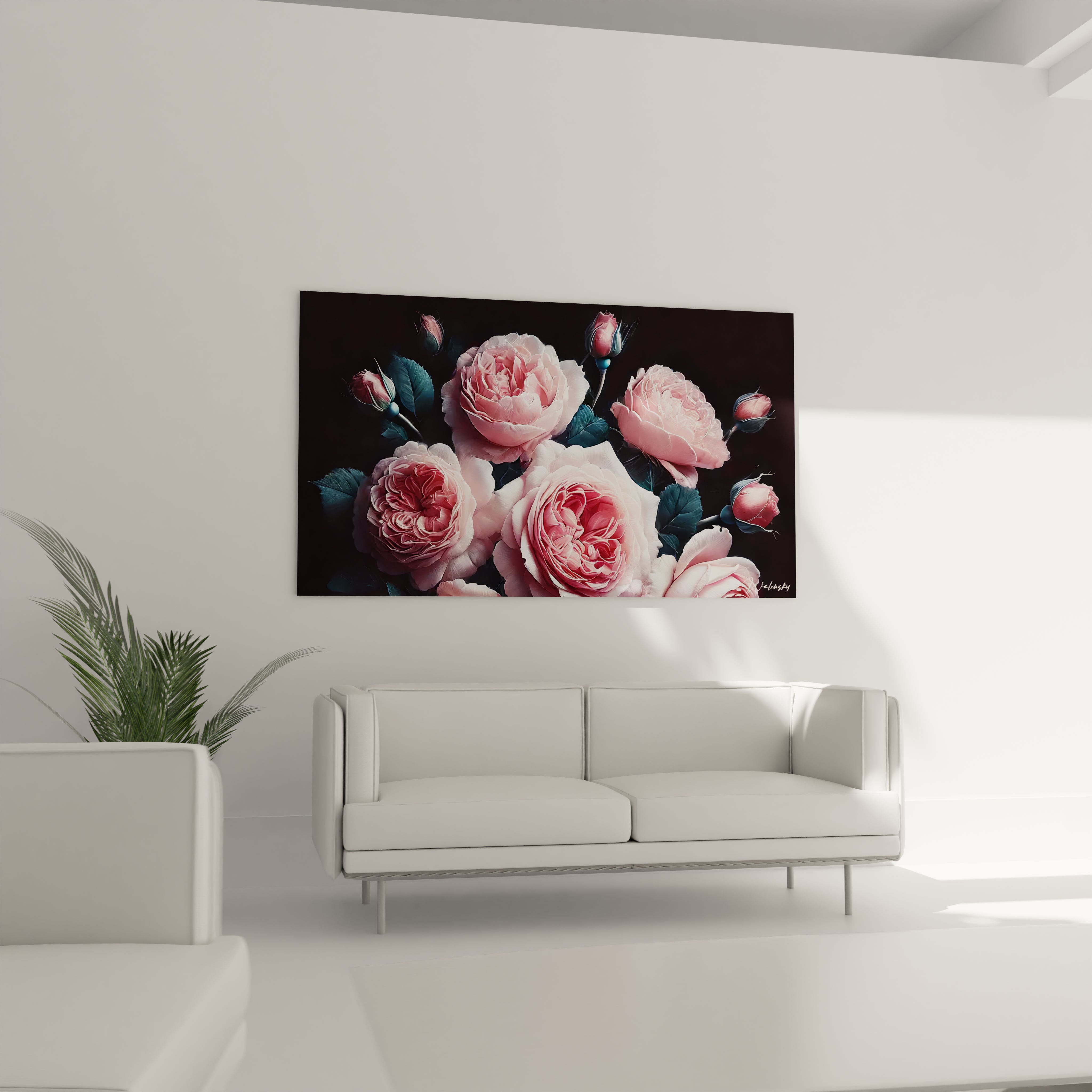 Dans un salon au-dessus du canapé, ce tableau Fleur offre une touche d élégance et de raffinement. Les roses vibrantes ressortent sur le fond sombre, ajoutant profondeur et chaleur a la decoration.

