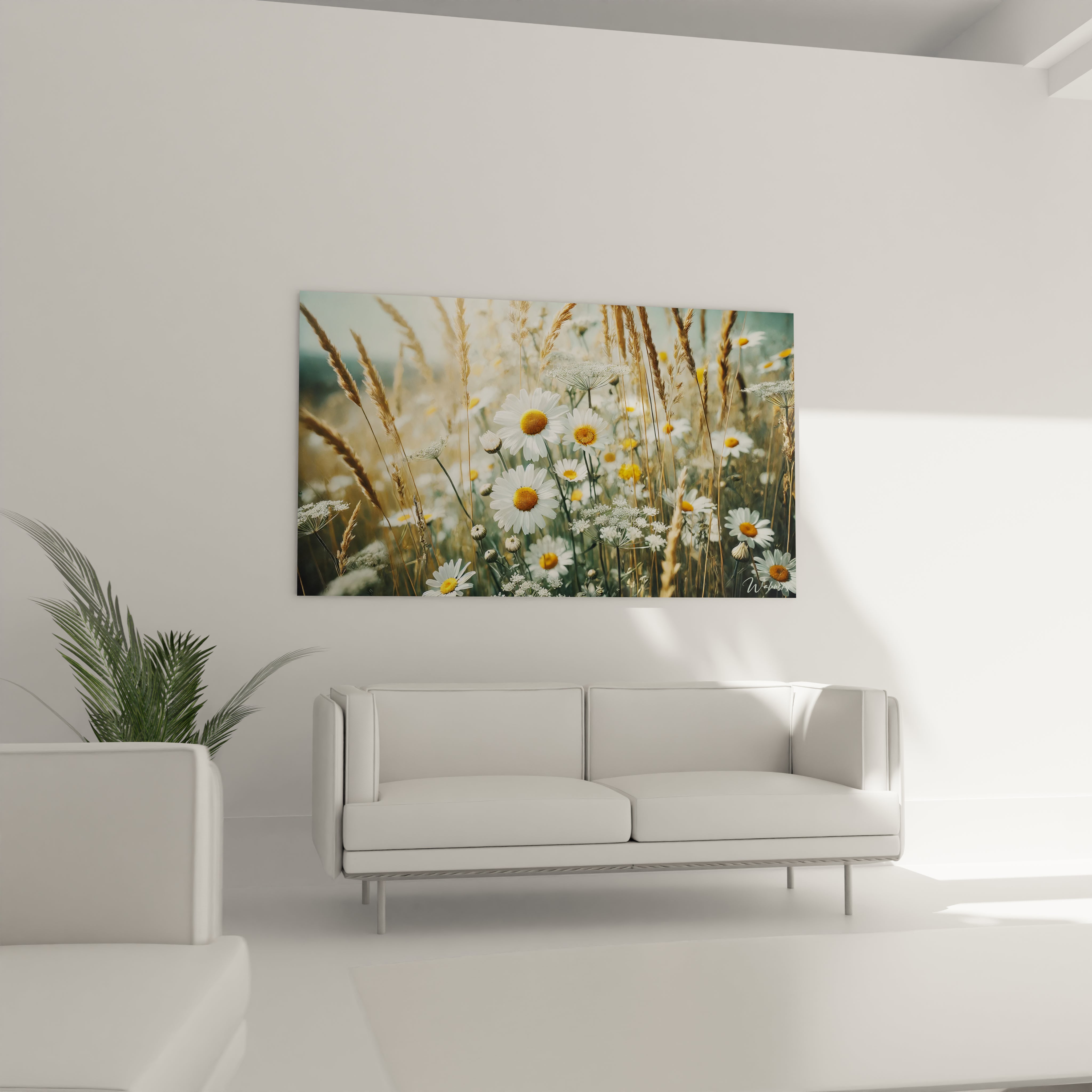 Accroché au-dessus d'un canapé, ce tableau Fleur illumine le salon avec ses nuances de jaune, blanc et vert, inspirant liberté et évasion au coeur de la nature.

