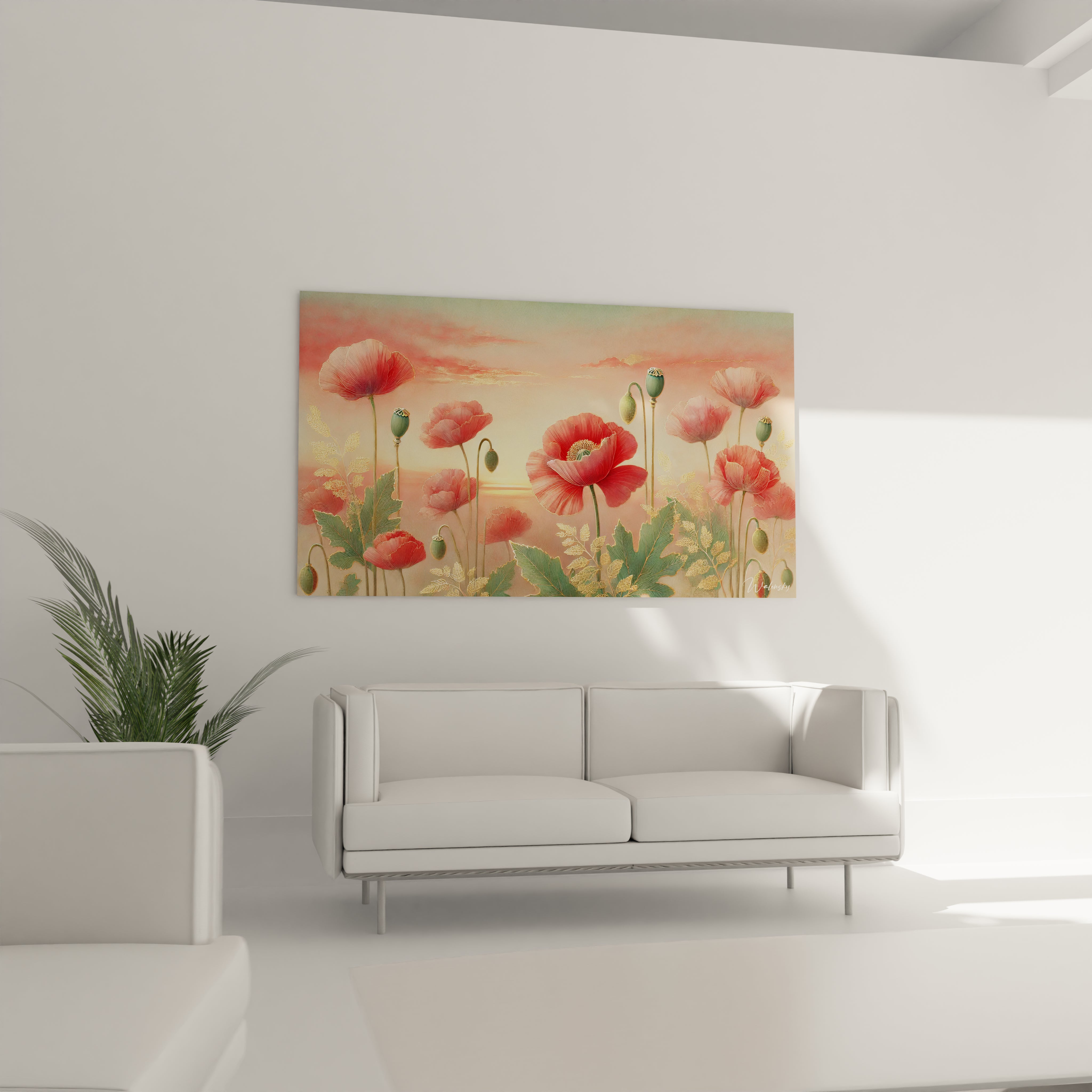 Le tableau Champs de Fleurs décorant le mur au-dessus du canapé dans le salon, apportant une atmosphère douce et poétique. Les coquelicots illuminent l'espace de leur éclat subtil

