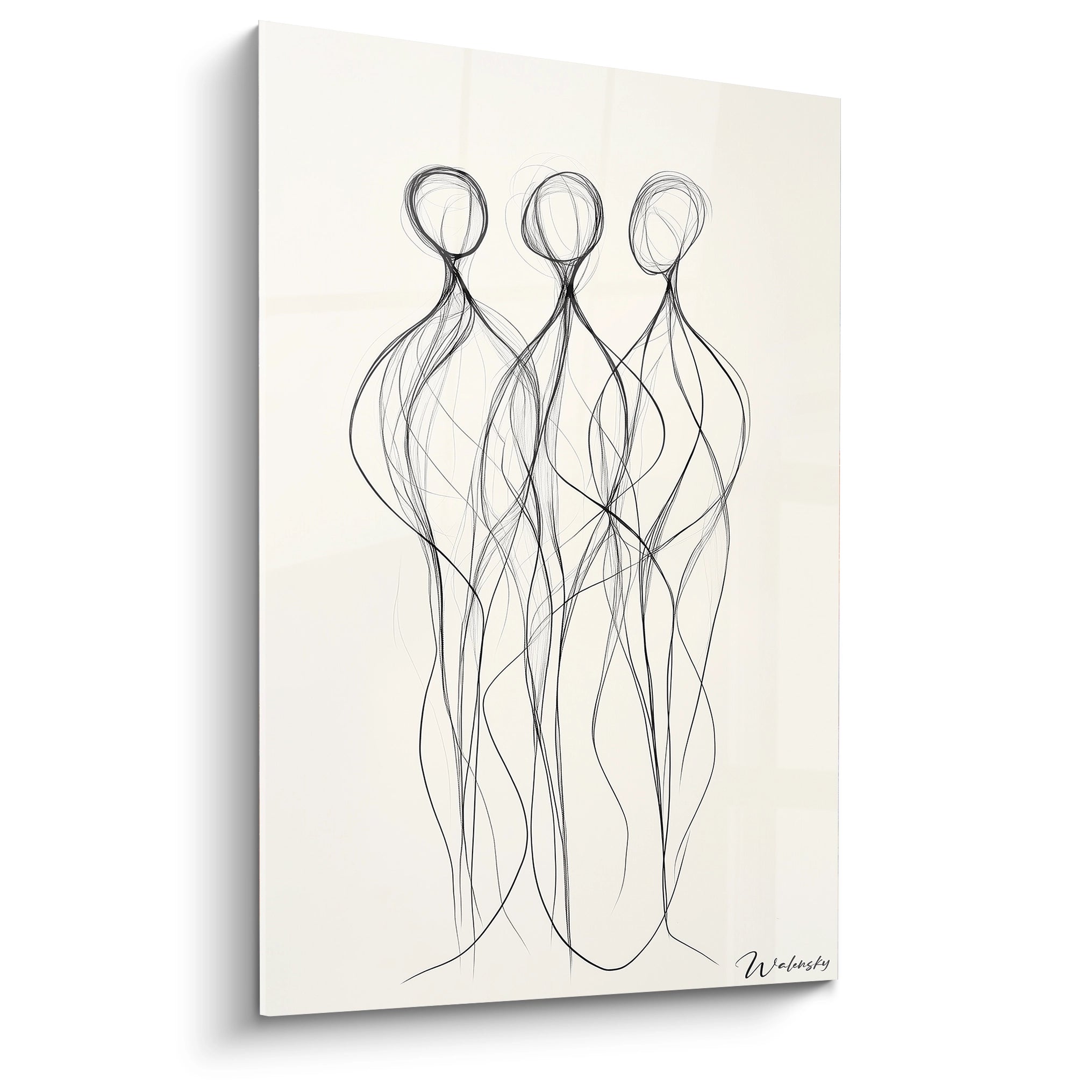 Un tableau figuratif abstrait illustrant trois silhouettes minimalistes en lignes noires sur un fond beige clair, avec des courbes fluides et des textures lisses.
