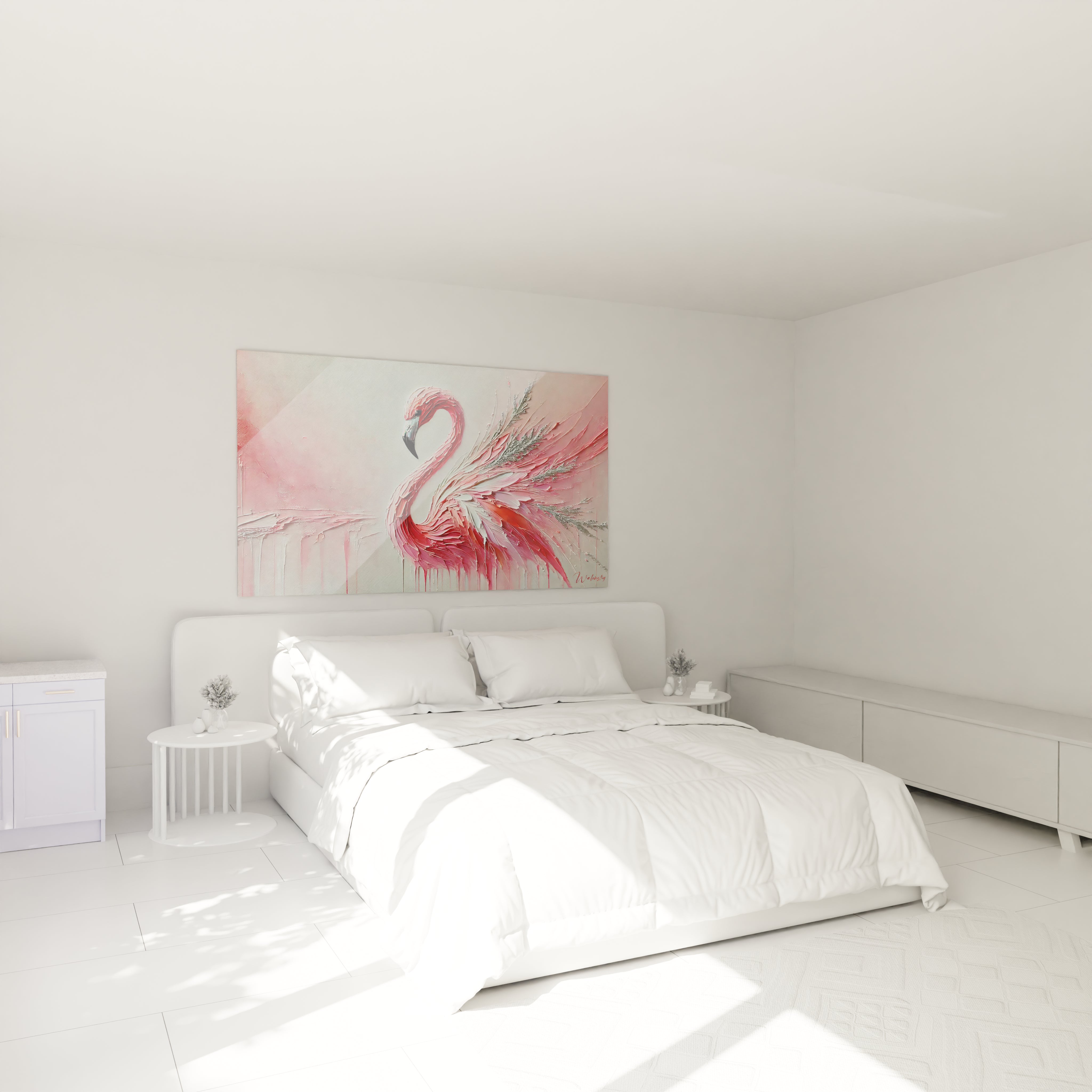 Admirez ce tableau flamand rose dans votre chambre. Accroché au-dessus du lit, il apporte une ambiance apaisante grâce à ses teintes délicates et sa texture captivante.

