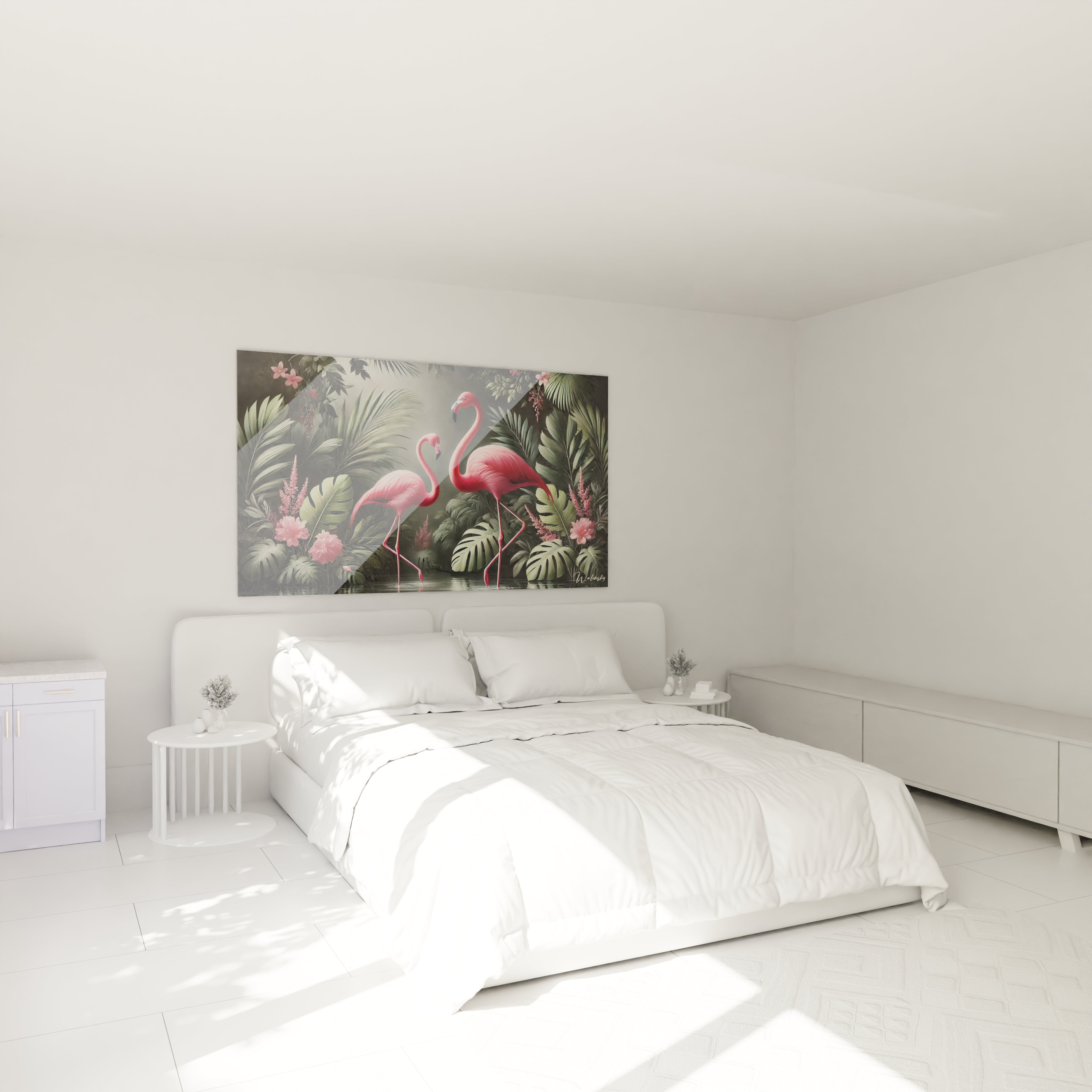 Accroché au-dessus du lit, ce tableau flamand rose crée une ambiance de sérénité et de beauté naturelle, transformant votre chambre en un havre de paix tropical.

