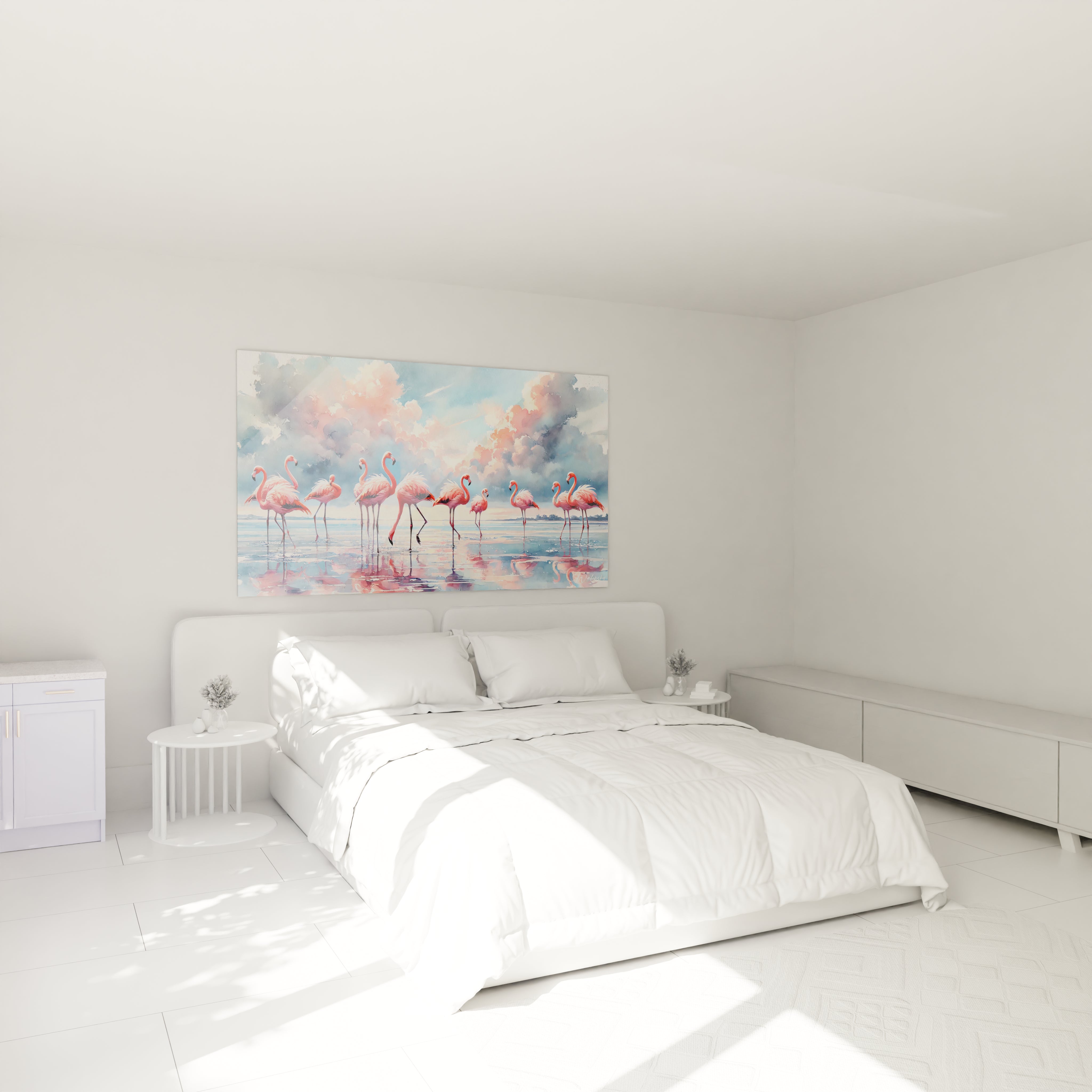 Accroché au-dessus du lit, ce tableau flamand rose crée une ambiance paisible et relaxante. L'élégance de ses couleurs douces transforme votre chambre.

