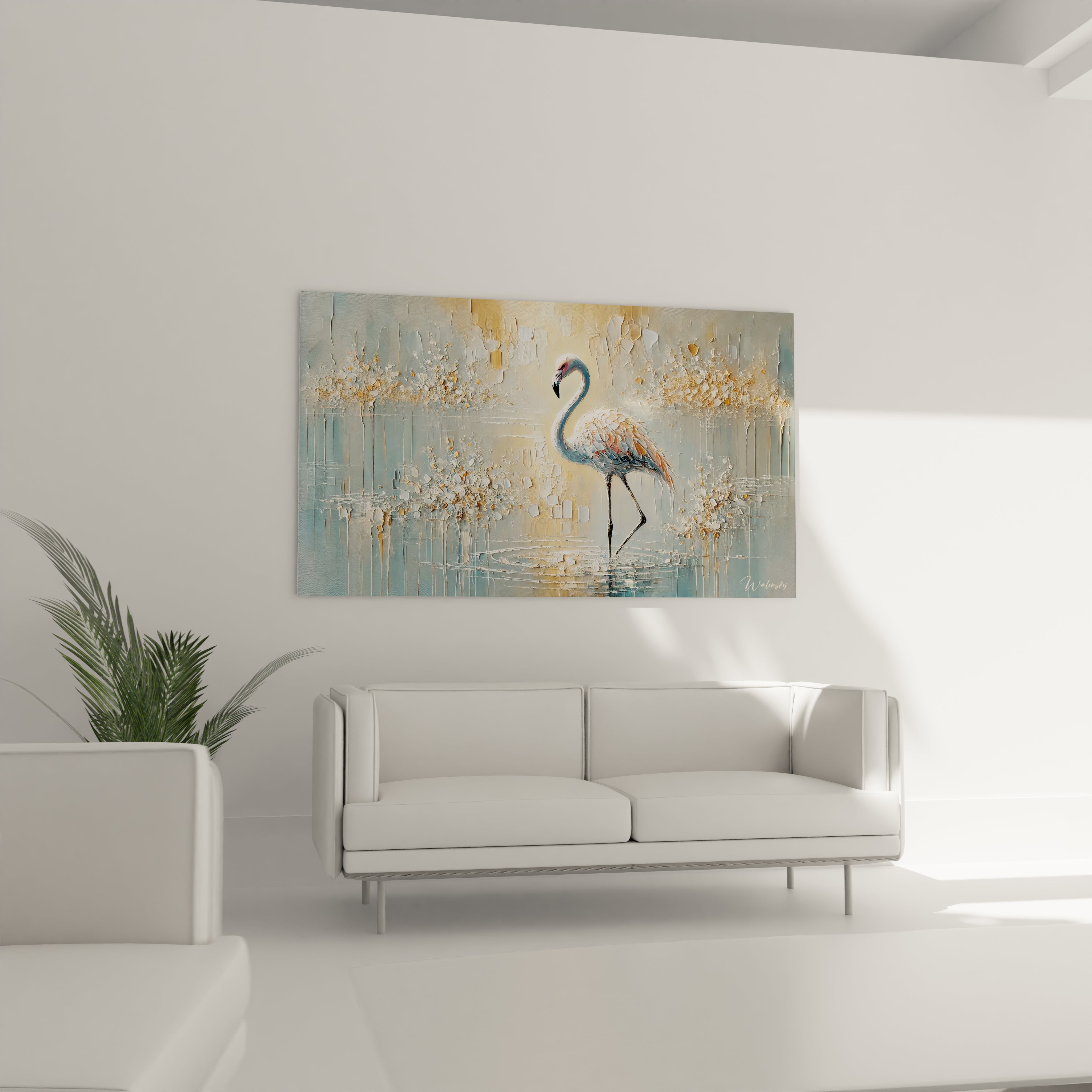 Transformez votre salon avec ce tableau flamand rose. L'association de couleurs apaisantes et de formes géométriques ajoute sophistication au-dessus du canapé.