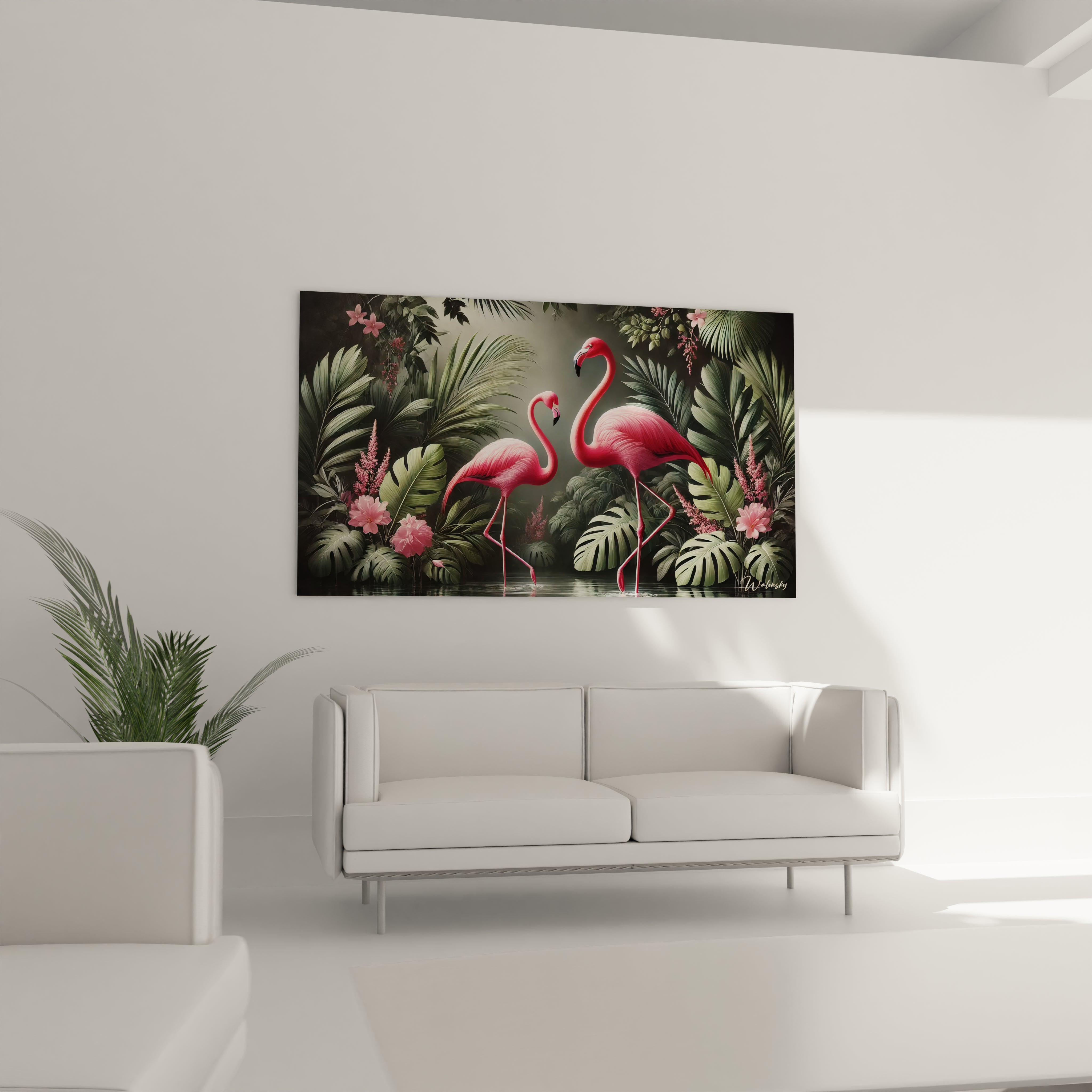 Dans votre salon, ce tableau flamand rose attire l'œil, ajoutant une touche d'exotisme avec ses couleurs vives et son ambiance apaisante, idéal au-dessus d'un canapé.

