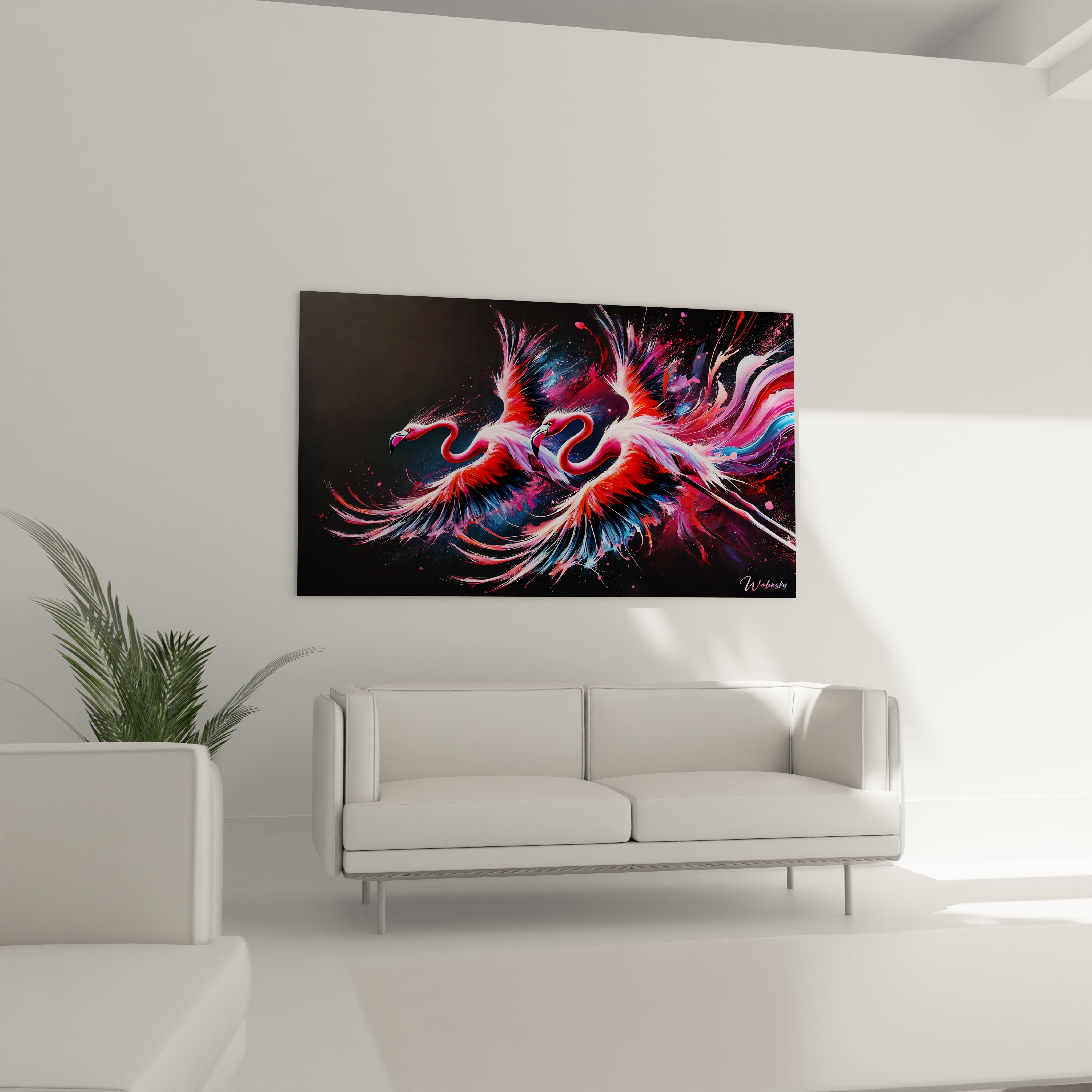 Suspendu au-dessus du canapé, ce tableau flamand rose transforme votre salon. Son éclat et sa force ajoutent une dimension dynamique et artistique à votre espace de vie.

