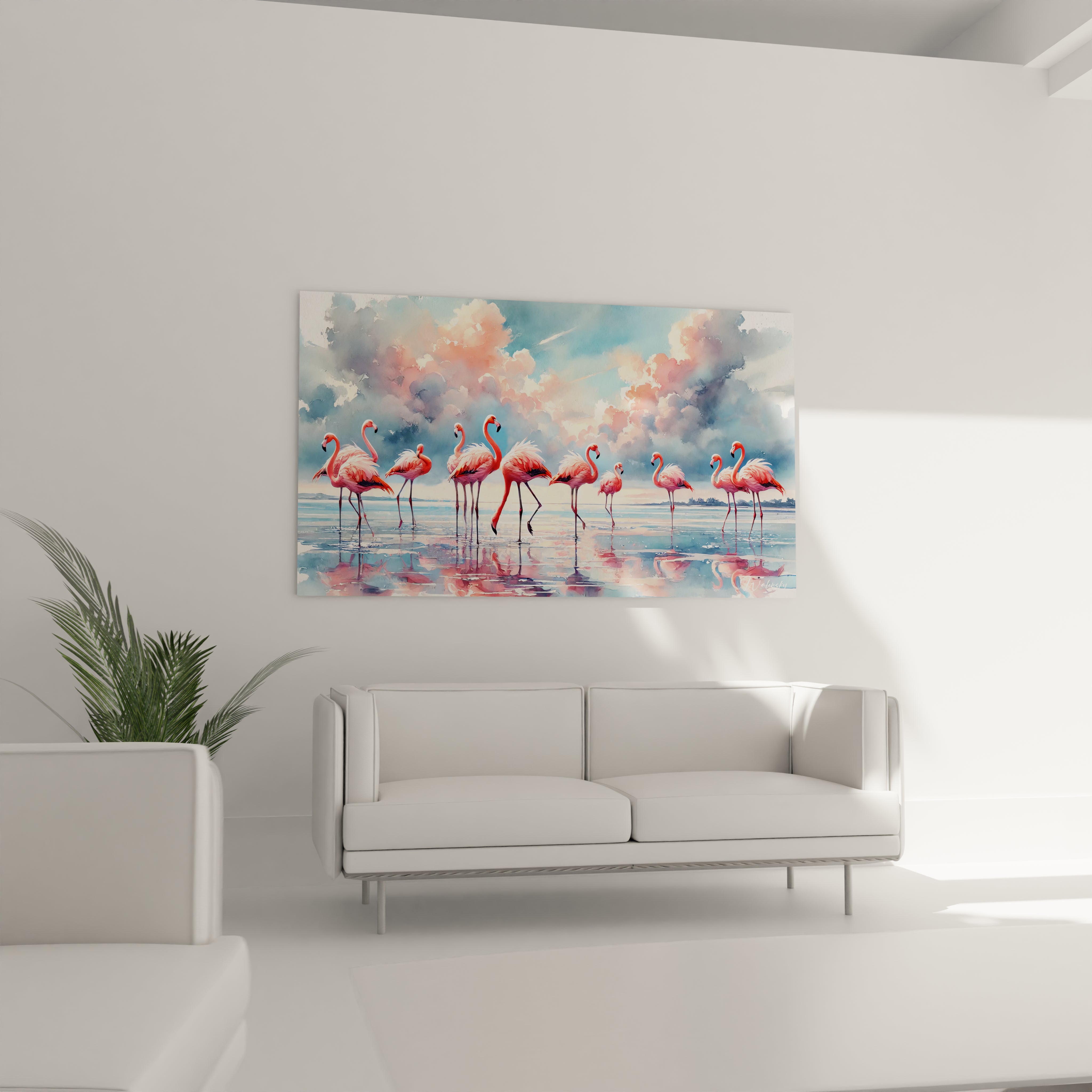 Ce tableau flamand rose rehausse votre salon avec sa beauté exotique. Son reflet dans l'eau apporte une dimension artistique au-dessus de votre canapé.

