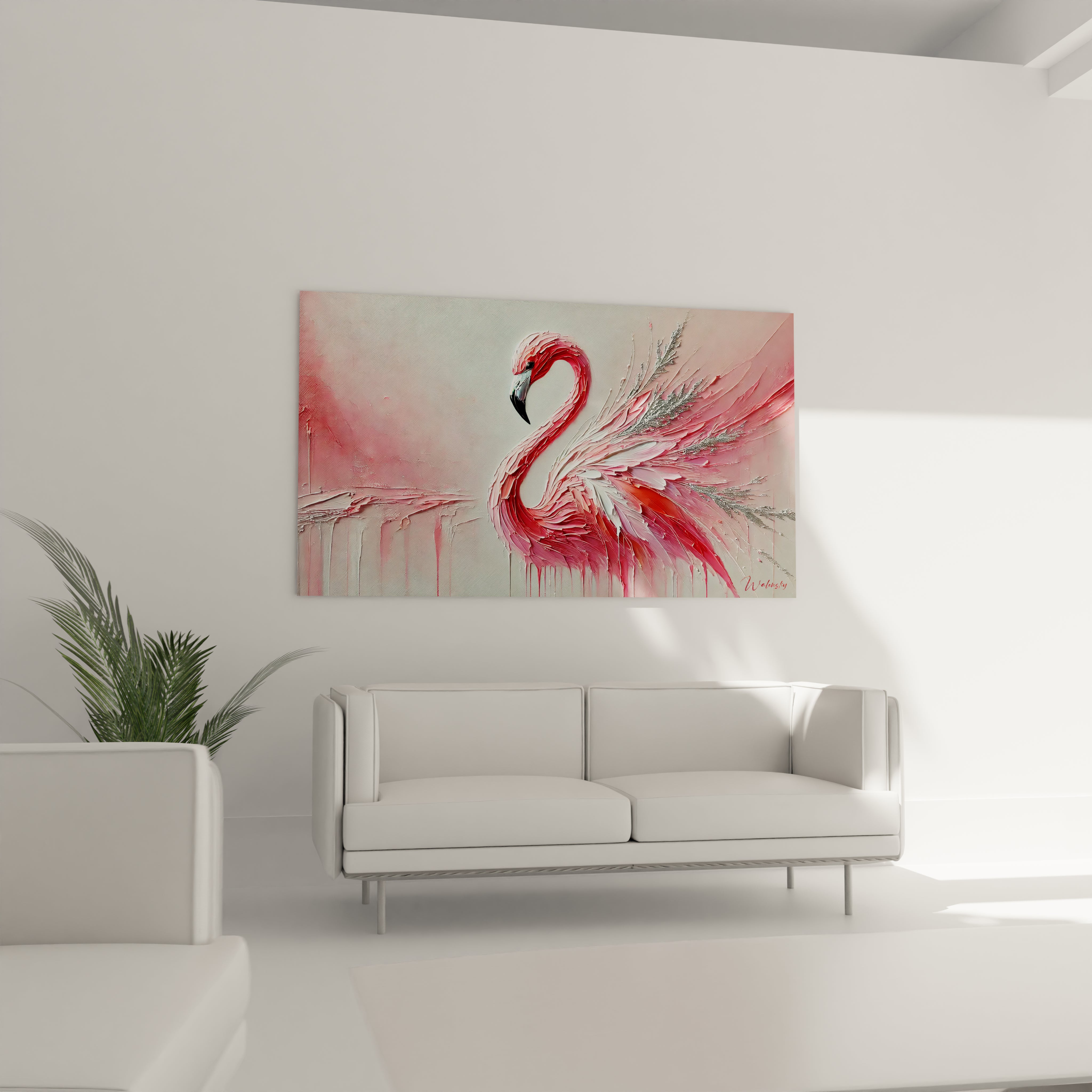 Ce tableau flamand rose est idéal pour un salon. Suspendu au-dessus d'un canapé, il crée un point focal artistique, ajoutant élégance et modernité à votre espace.

