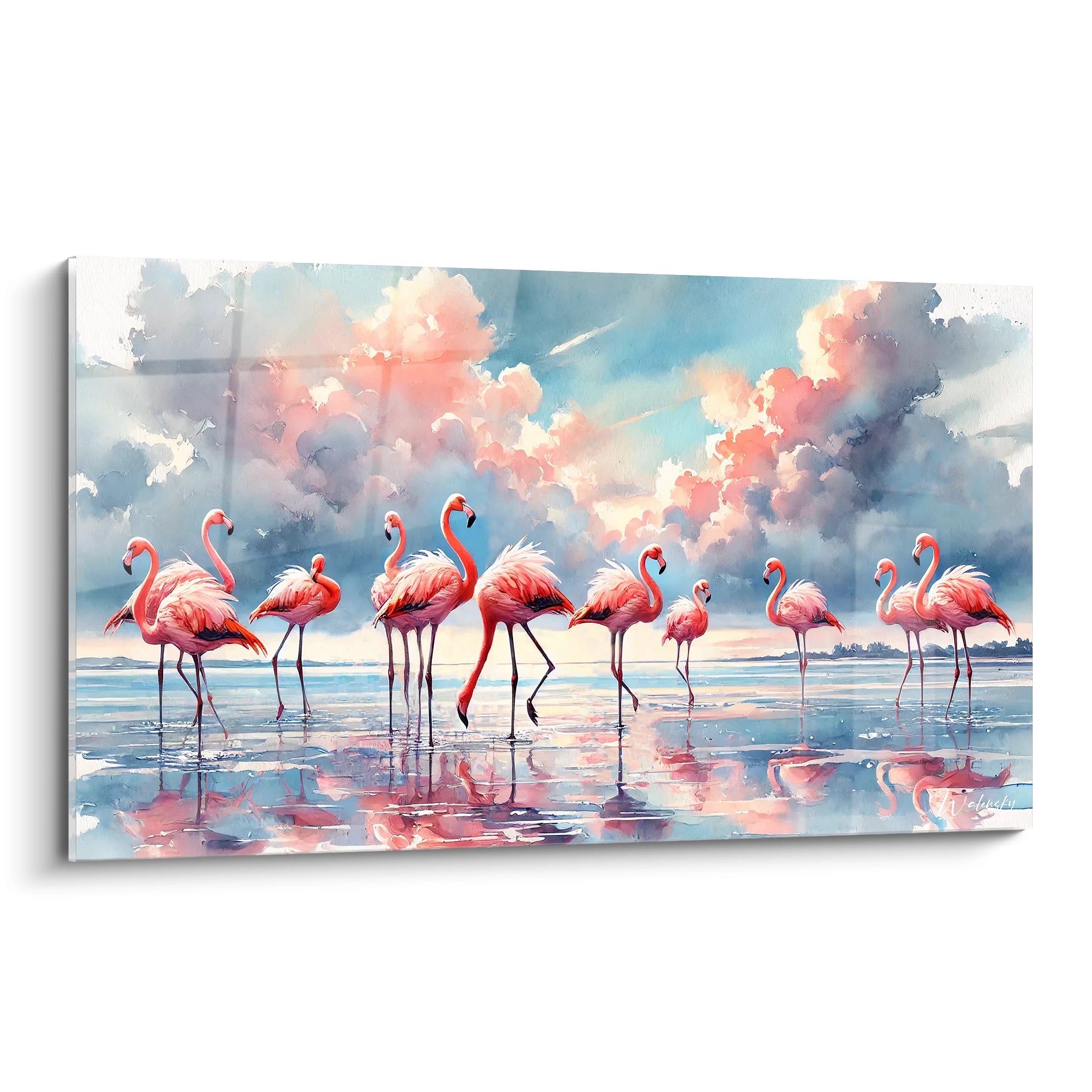 Ce tableau flamand rose présente une scène onirique avec des flamants élégants se reflétant dans l'eau. Apportez une touche de sérénité à votre décor.

