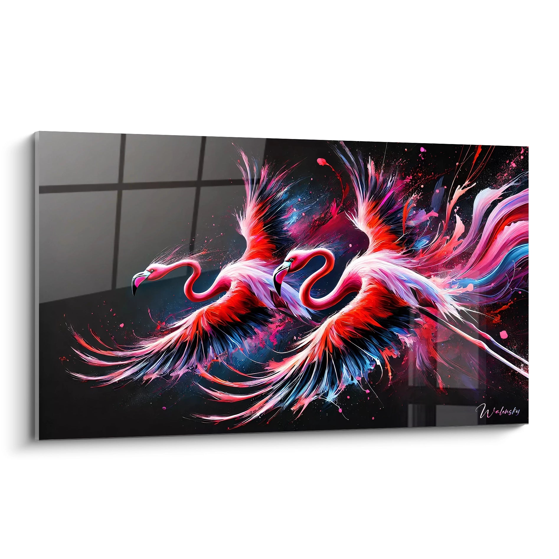 Ce tableau flamand rose, vu de biais, dégage une explosion de couleurs et d'énergie. Son design abstrait attire le regard et dynamise votre décoration intérieure.

