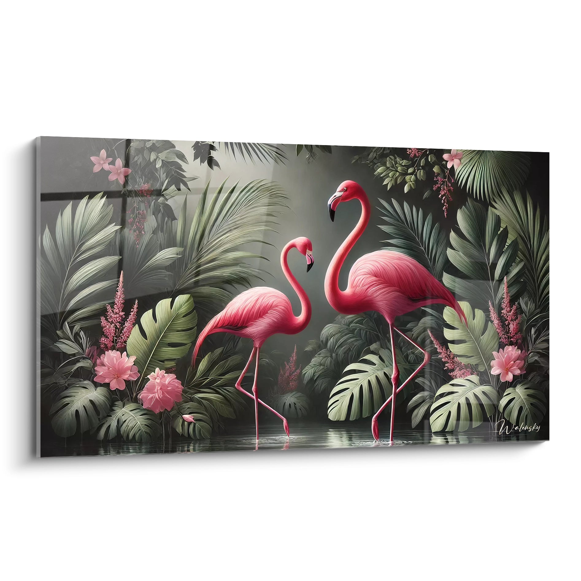 Ce tableau flamand rose met en avant deux oiseaux majestueux au coeur d'une végétation luxuriante, apportant une atmosphère apaisante et exotique à votre espace.

