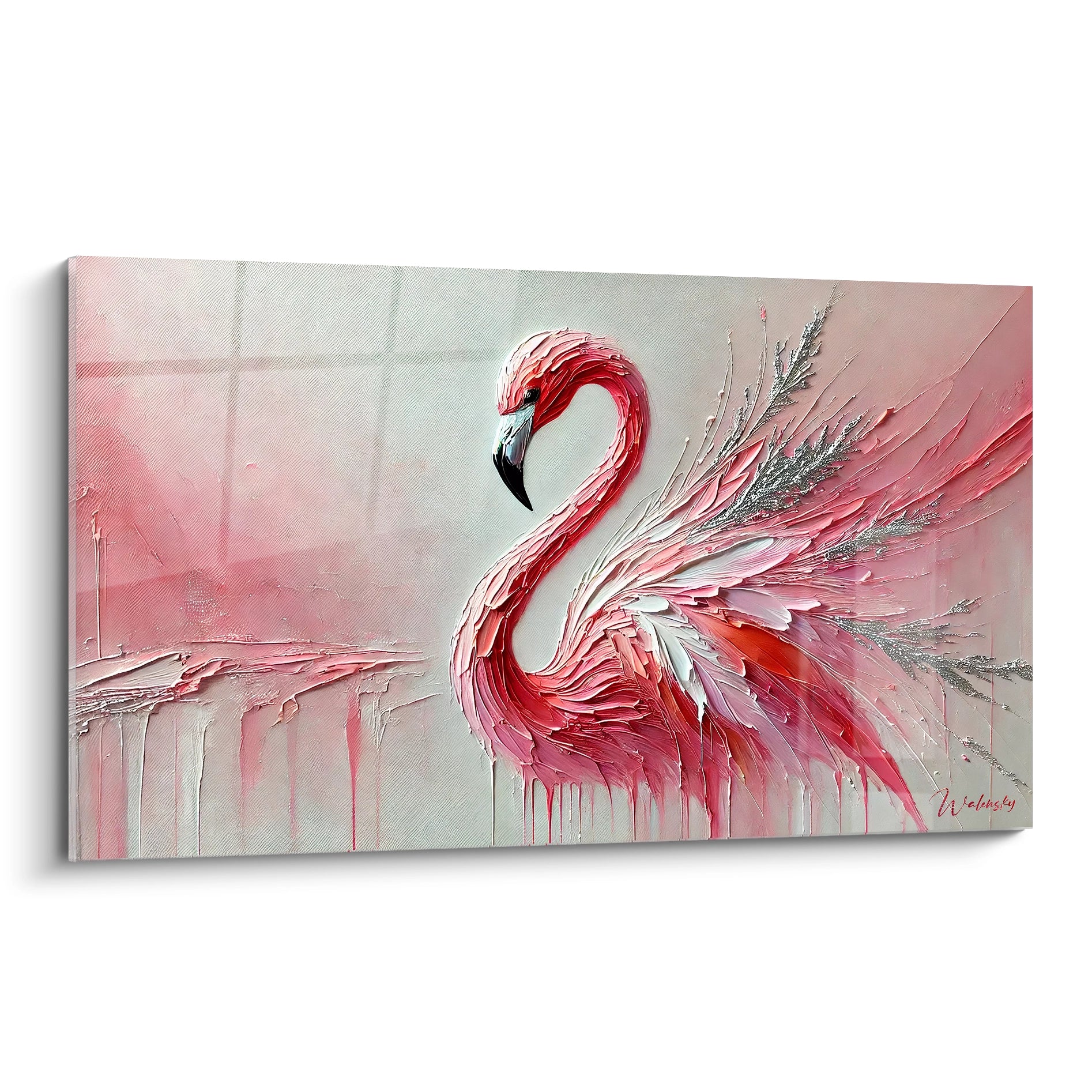 Ce tableau flamand rose met en avant un flamant rose stylisé, capturant son élégance dans des textures riches et des couleurs douces, parfait pour toute pièce.

