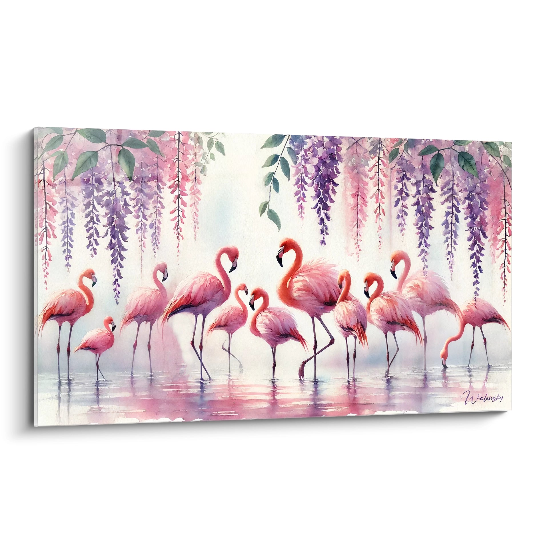 Ce tableau flamand rose révèle une atmosphère poétique avec ses teintes pastel. Les flamants roses évoluent dans un cadre serein, créant un tableau d'élégance et de tranquillité.

