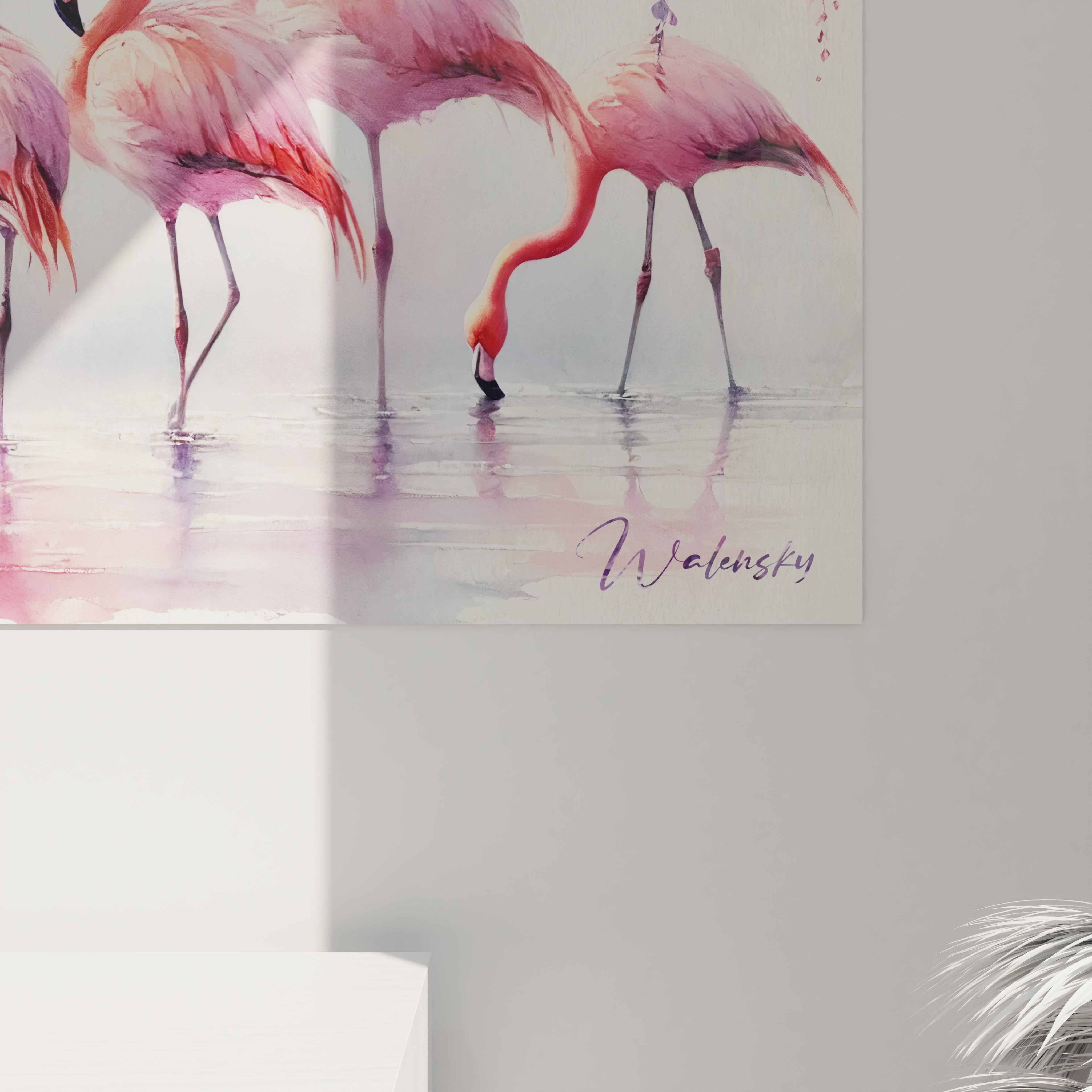 Admirez de près ce tableau flamand rose. Les délicates couleurs pastel et les flamants roses créent une œuvre d'art qui évoque la légèreté et l'élégance dans chaque détail.

