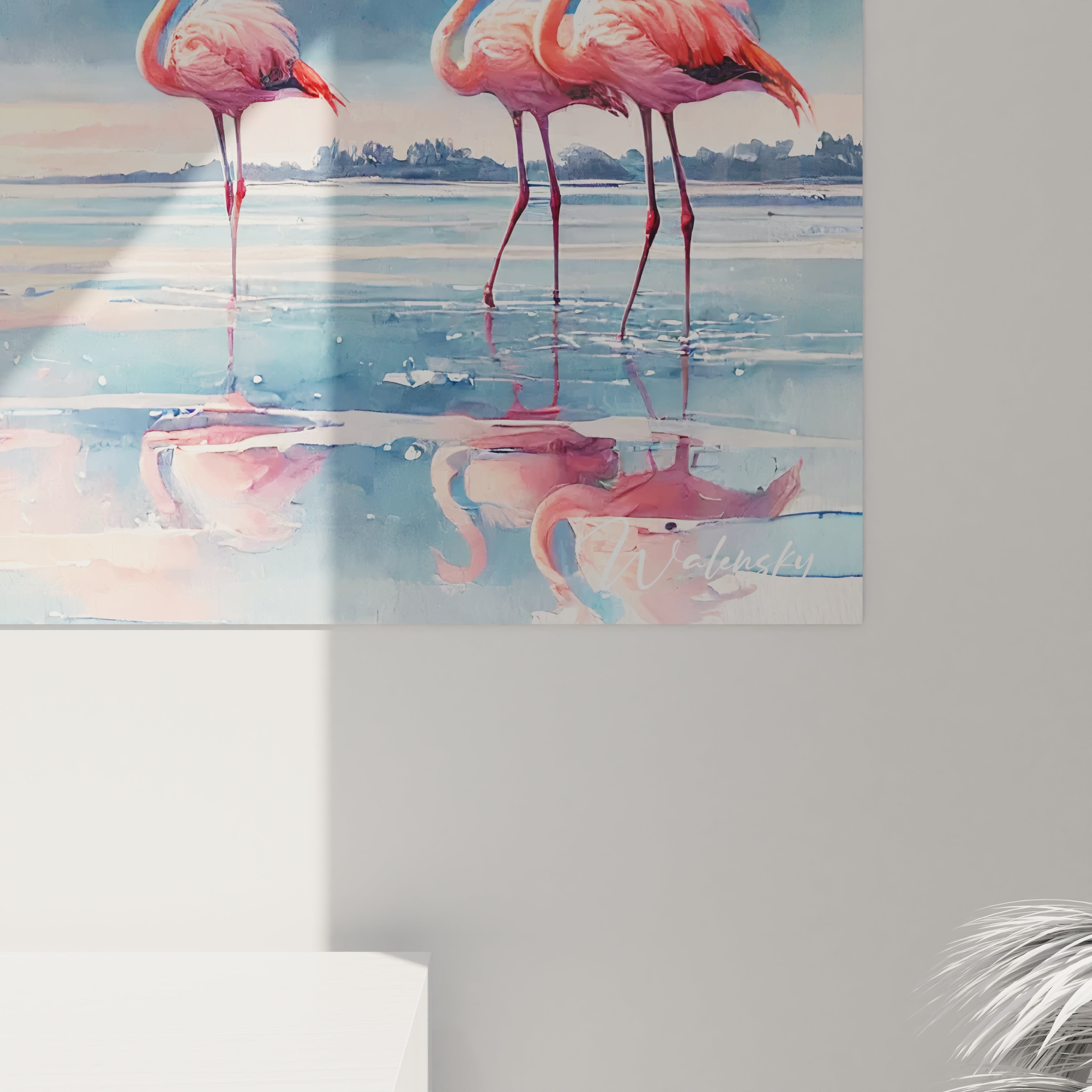 Découvrez de près ce tableau flamand rose, où les couleurs vives et les reflets aquatiques évoquent la tranquillité. Un ajout idéal pour un intérieur raffiné.

