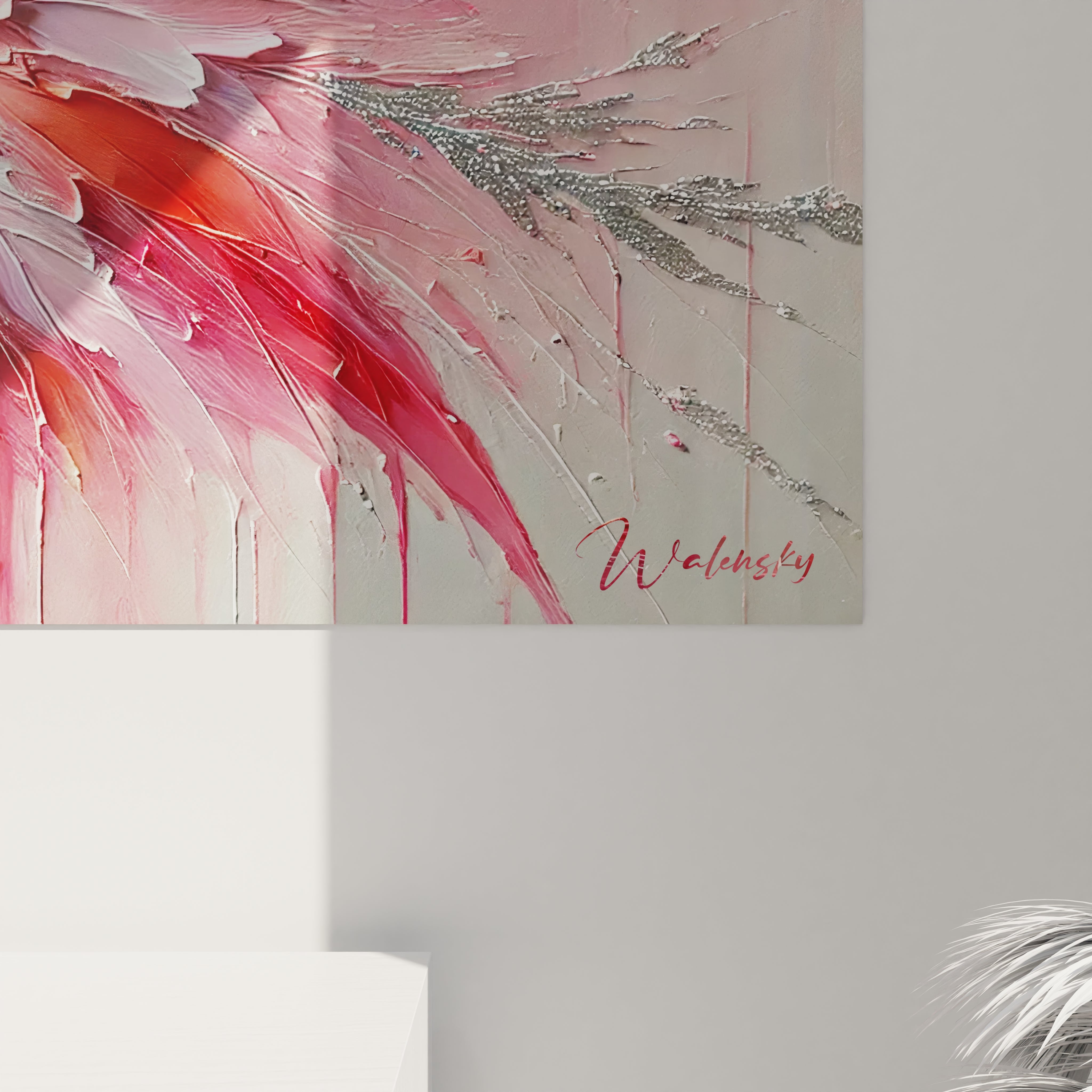 Découvrez la beauté de ce tableau flamand rose de près. Les textures et les nuances de rose et d'argent offrent une expérience visuelle riche et apaisante.

