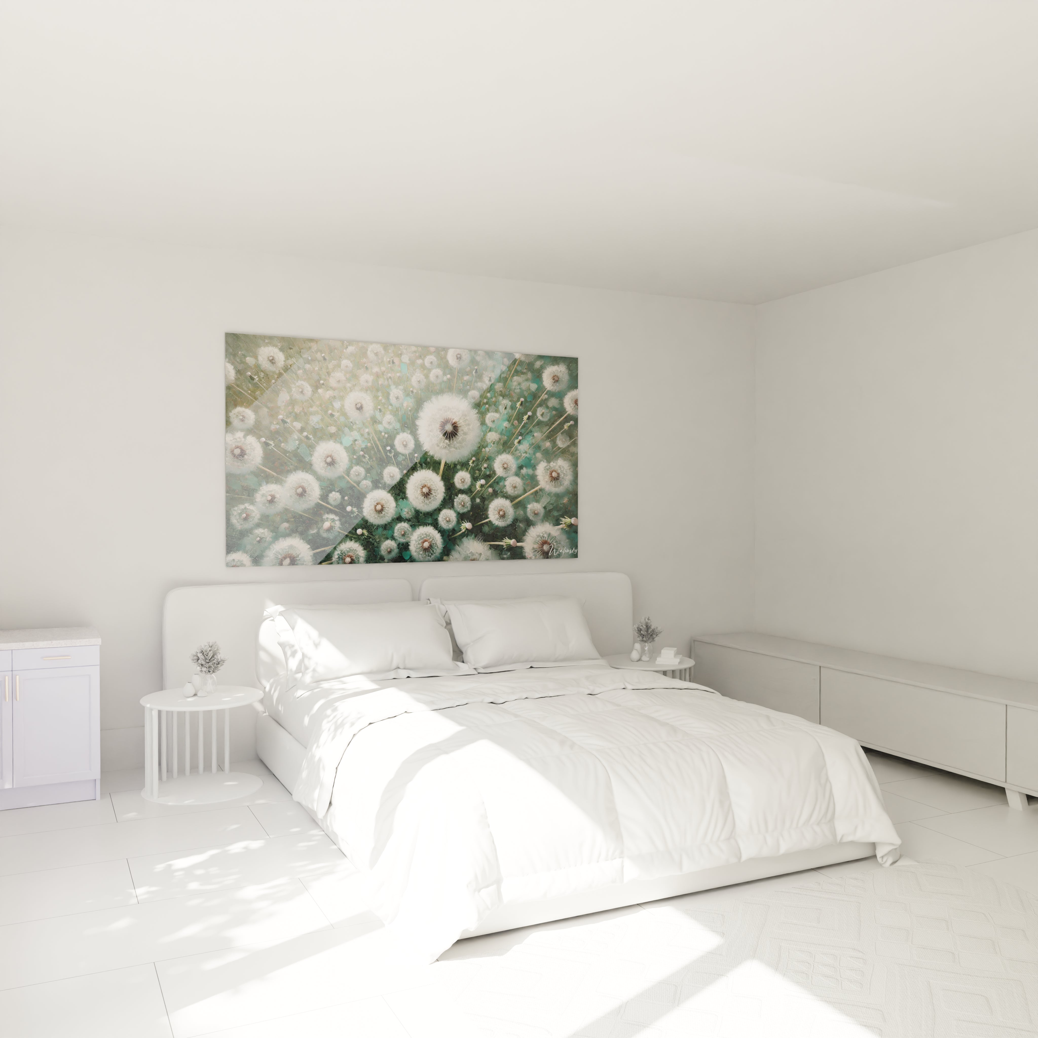 Tableau Fleur au-dessus du lit dans une chambre. Ses couleurs douces et son design eclatant ajoutent une touche de serenite et de nature a l'espace, capturant la beaute ephemere de la vie.

