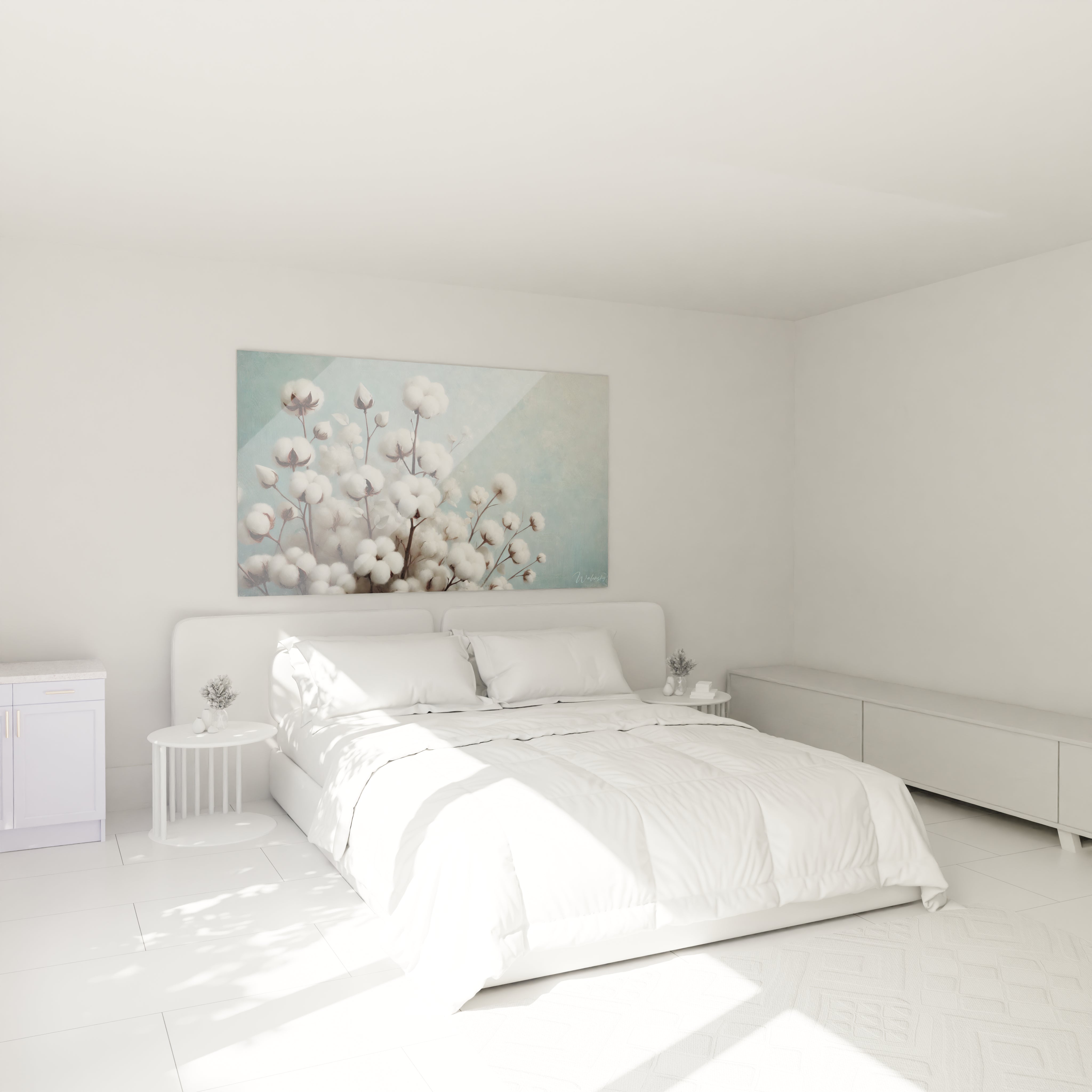 Dans une chambre au-dessus du lit, ce tableau Fleur capture la tranquillité naturelle des fleurs de coton. Un accent de serenité qui invite au repos et au calme dans votre espace de nuit.

