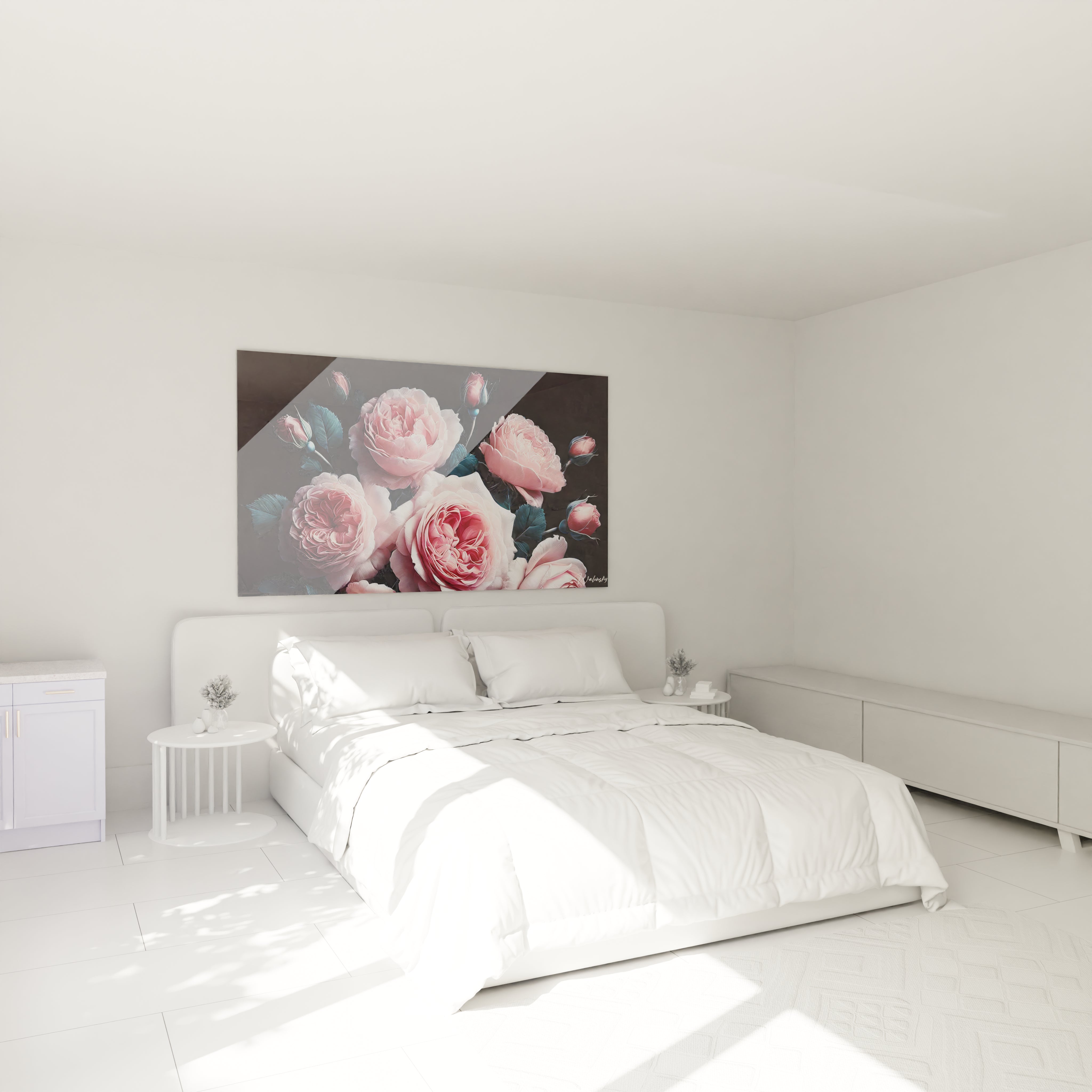 Accroche dans une chambre, ce tableau Fleur sublime l ambiance romantique au-dessus du lit. Les roses, dans un contraste noir, apportent elegance et serenite a cet espace intime.

