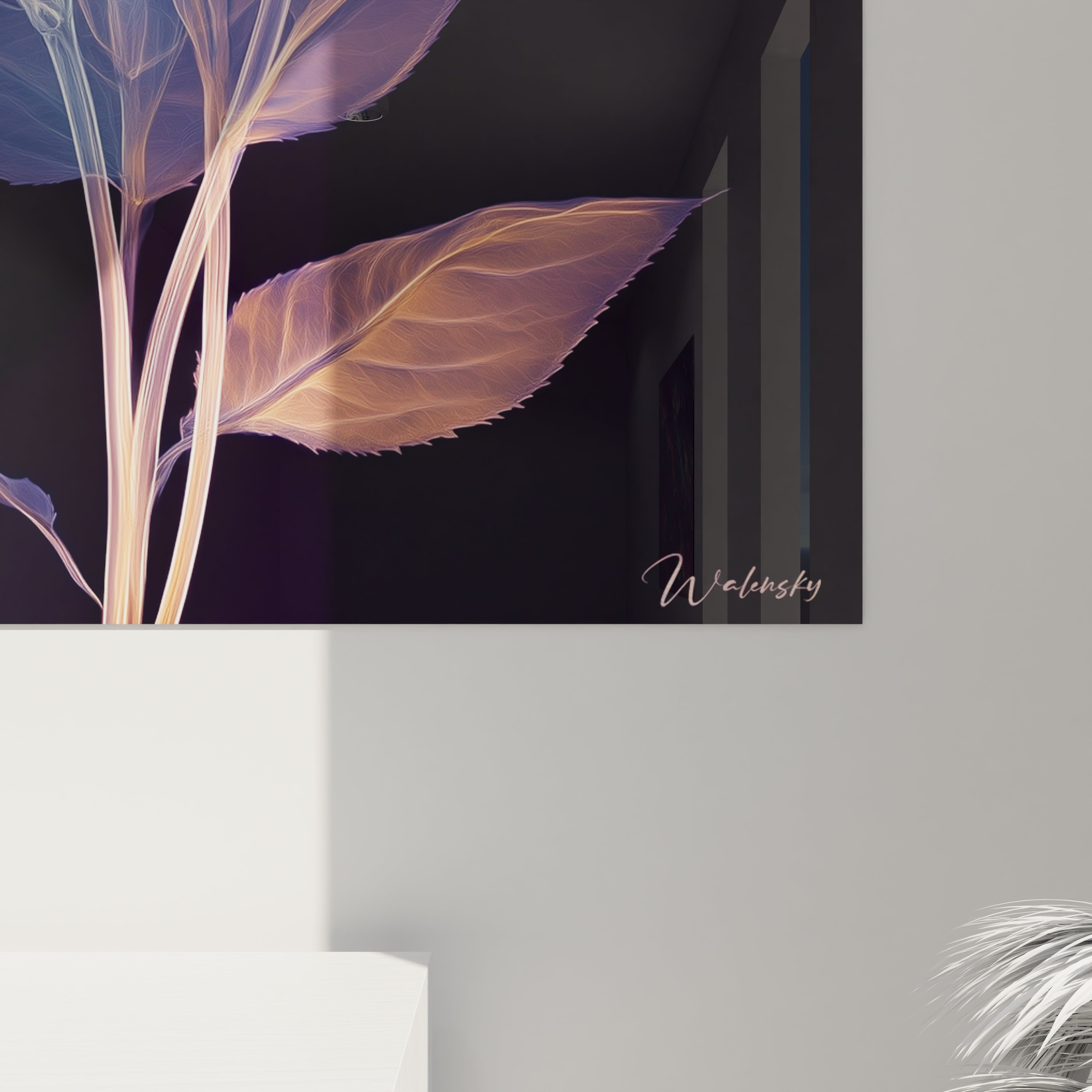 Un tableau fleurs radiographiques capturant l'essence de deux tulipes fantomatiques aux teintes bleu clair et orangé. Les pétales transparents laissent apparaître leur architecture interne complexe, créant un contraste saisissant avec le fond noir et donnant une impression de fleurs faites de lumière pure.
