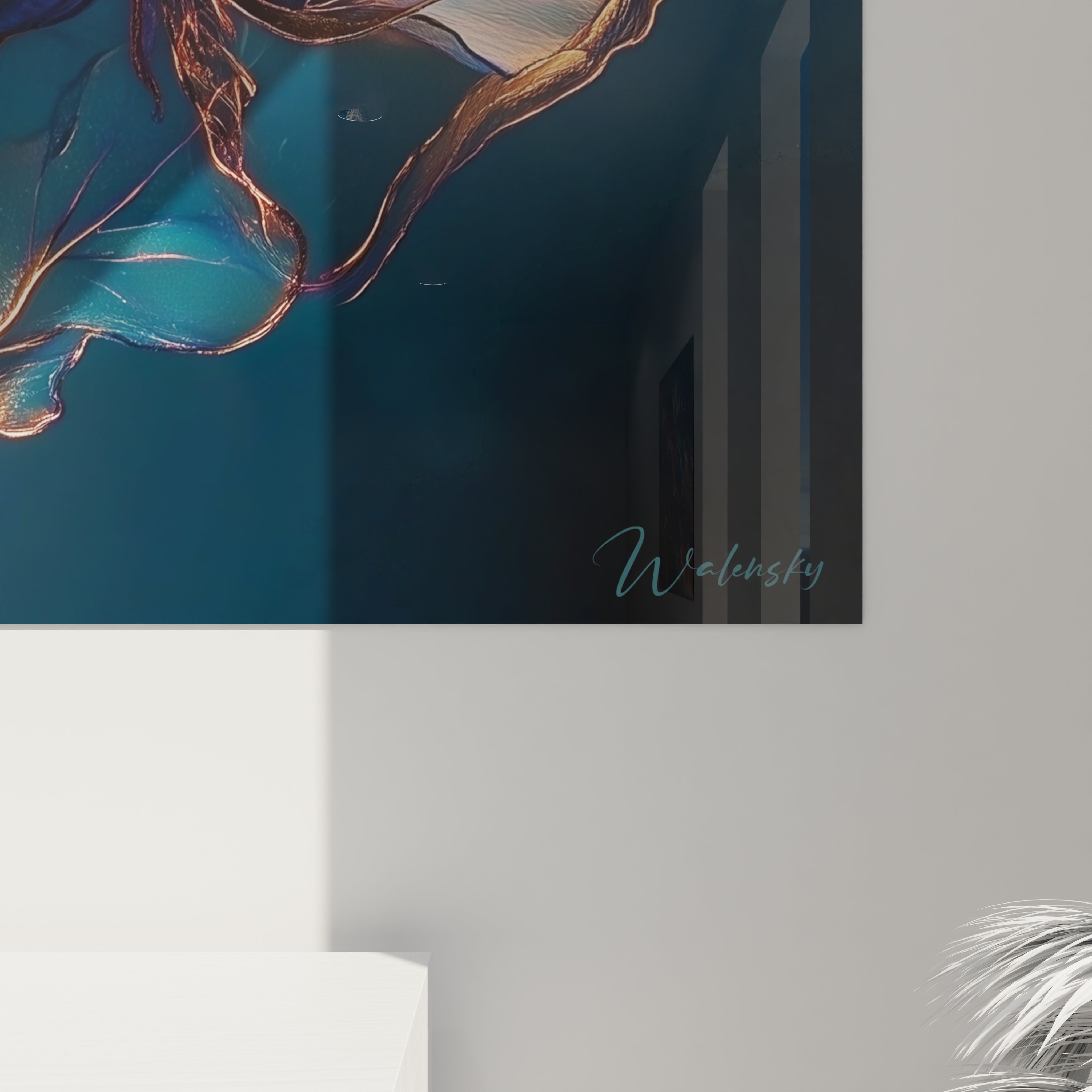 Un tableau fleurs artistique affichant deux roses stylisées aux teintes luminescentes de violet, rose et blanc, avec des contours précis et des reflets dorés, créant une atmosphère onirique sur un fond bleu profond texturé.
