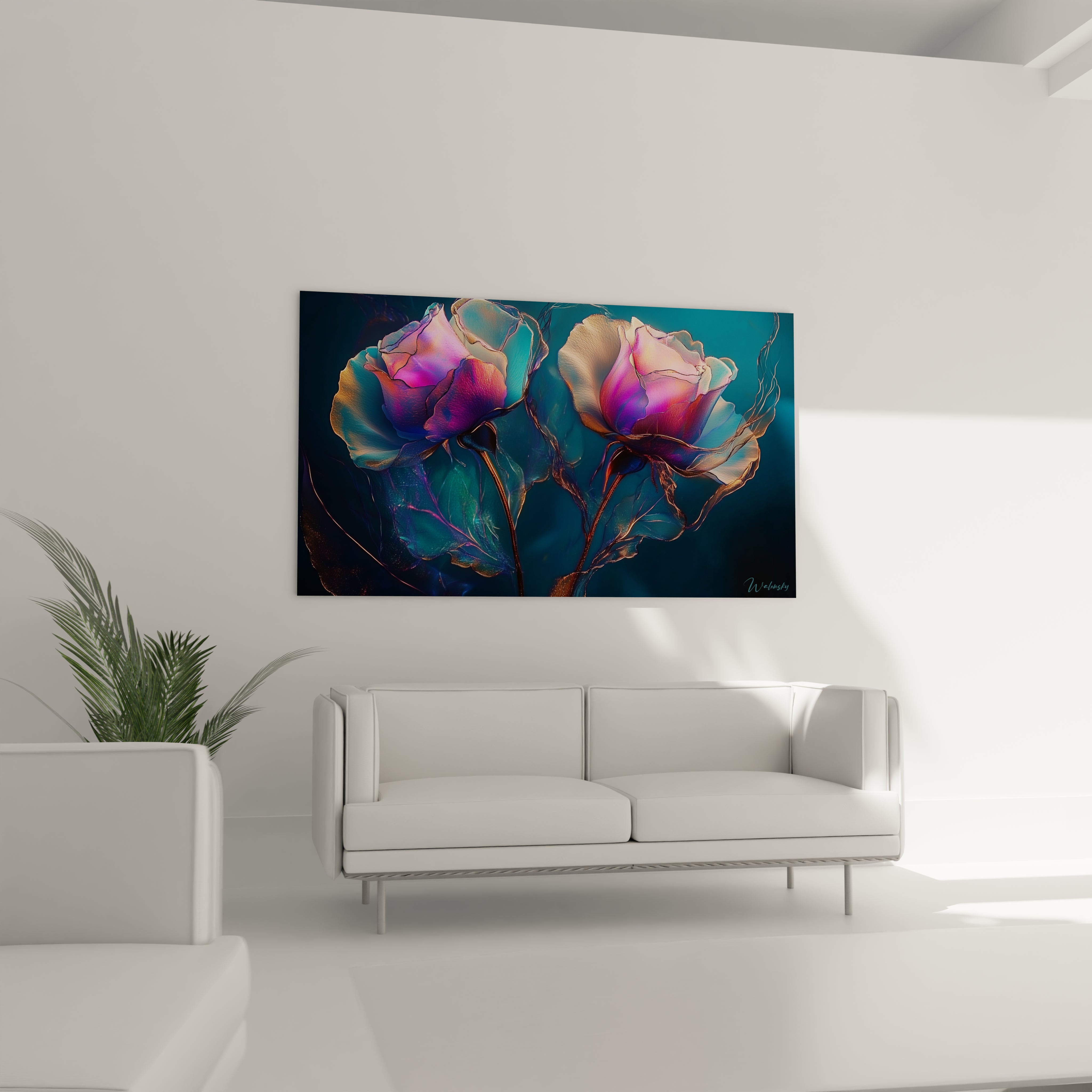 Un tableau fleurs surréalistes présentant deux roses aux pétales délicatement dessinés dans des tons de rose, violet et bleu pâle, avec des tiges fines et des détails lumineux qui contrastent avec l'arrière-plan bleu turquoise intense.
