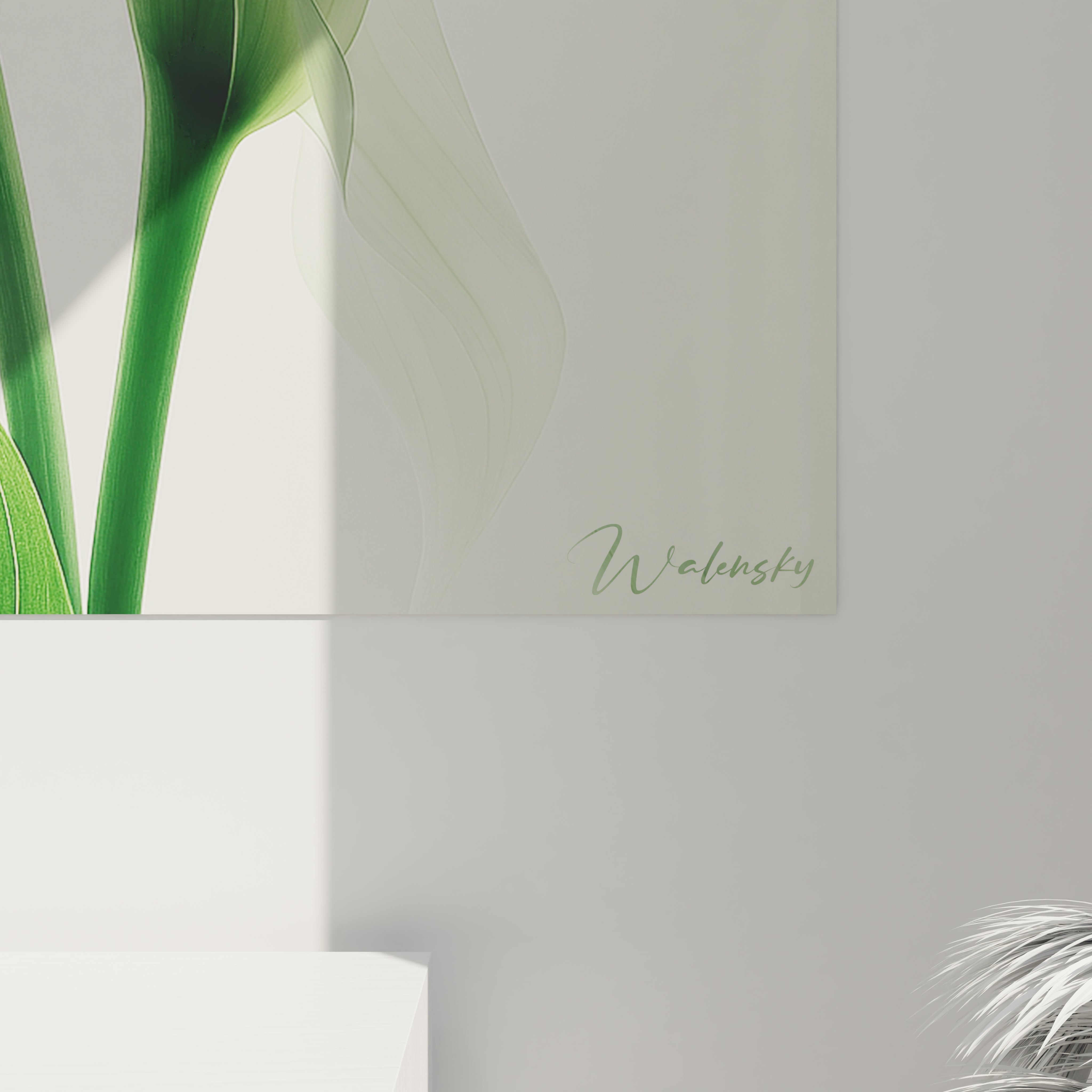Un tableau fleurs botaniques montrant des arums aux pétales blancs translucides. La composition capture les textures fines et les nervures des fleurs, avec des transitions subtiles de verts et blancs sur fond clair.
