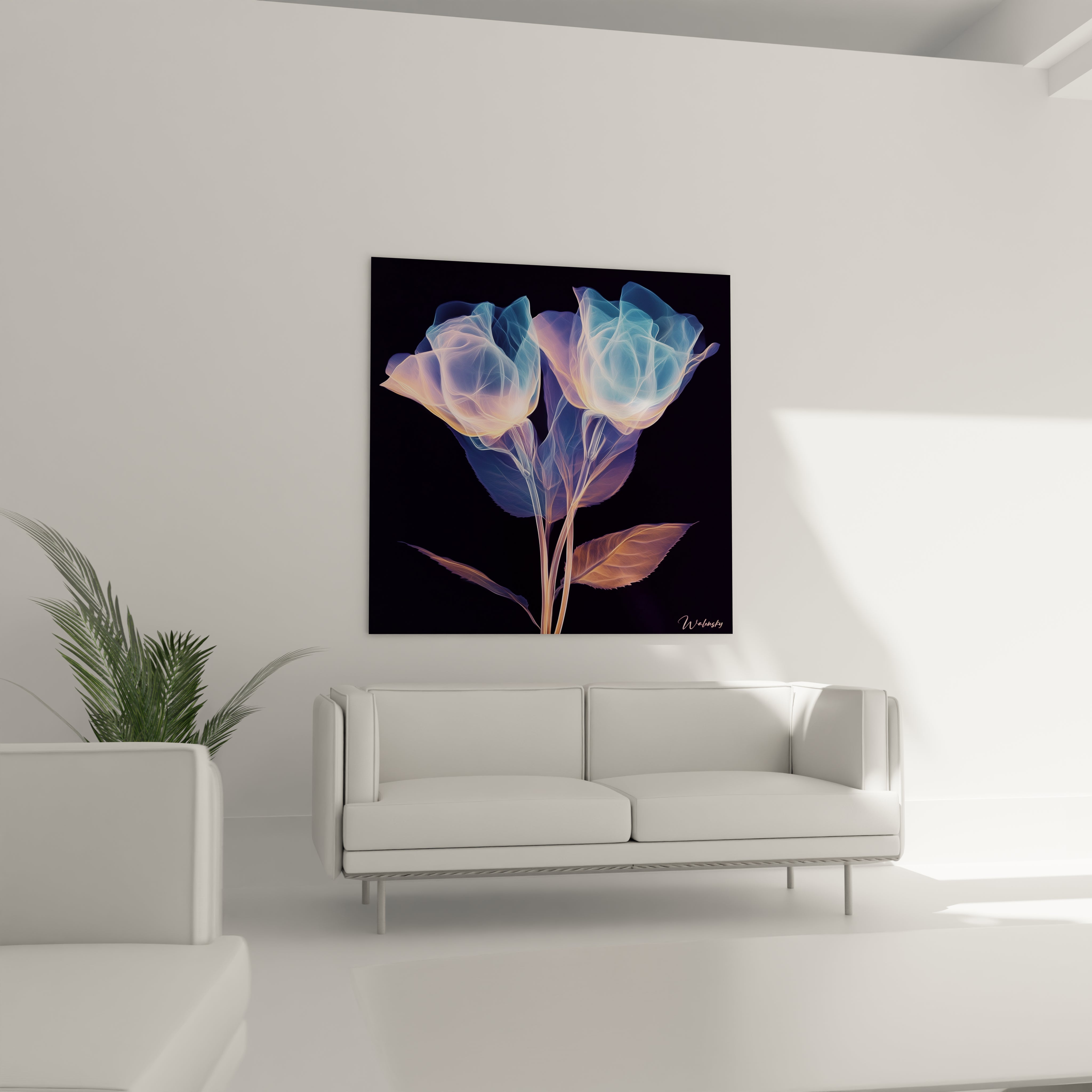 Un tableau fleurs néon montrant deux fleurs spectrales avec des pétales translucides aux reflets bleutés et orangés. Les structures botaniques délicates sont révélées par des lignes lumineuses qui créent un effet de dentelle éthérée sur l'arrière-plan noir profond.
