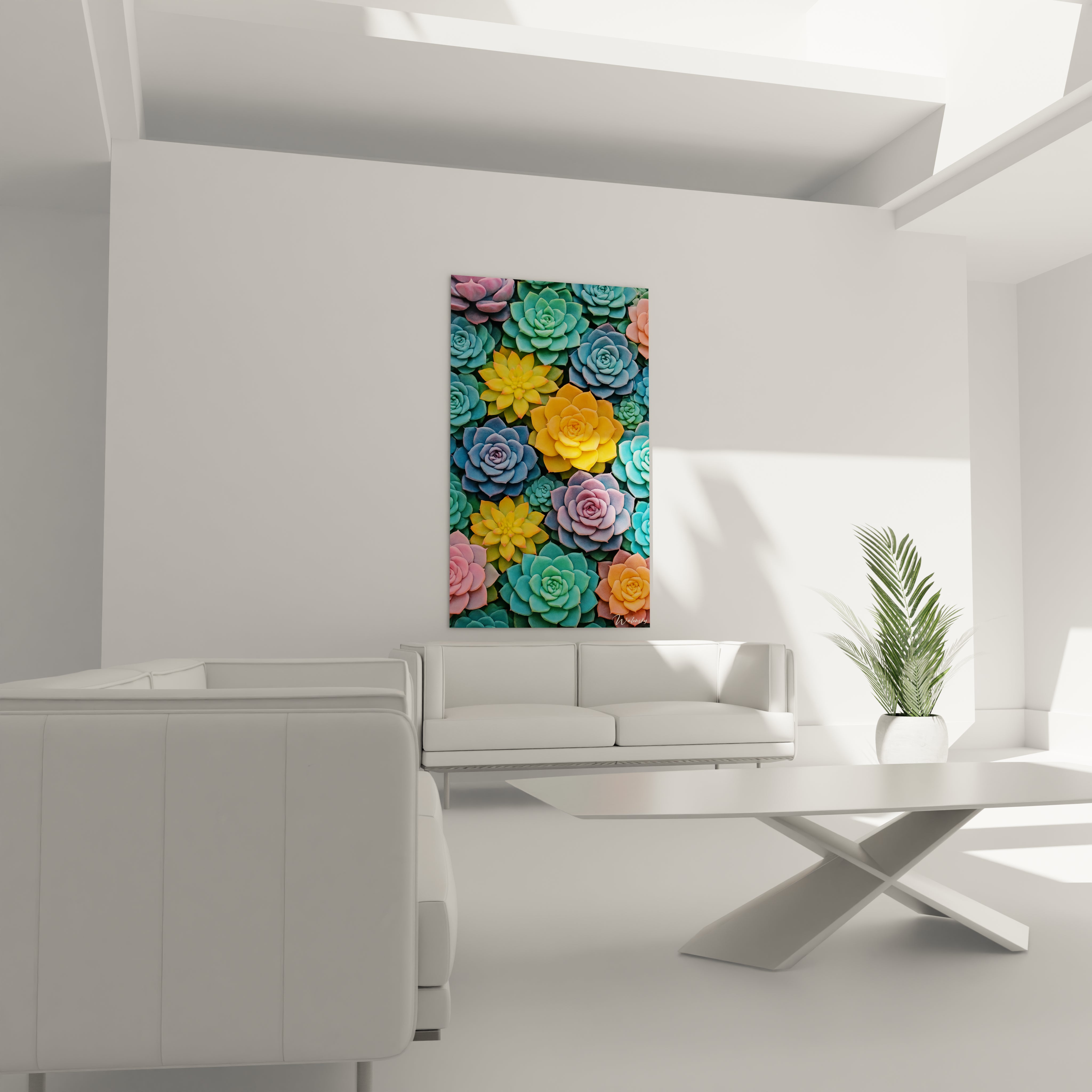 Un tableau succulentes offrant une vue rapprochée de plantes grasses aux formes circulaires et géométriques. La palette comprend des bleus turquoise, roses tendres et oranges chaleureux qui s'entremêlent dans une composition dense aux textures veloutées.
