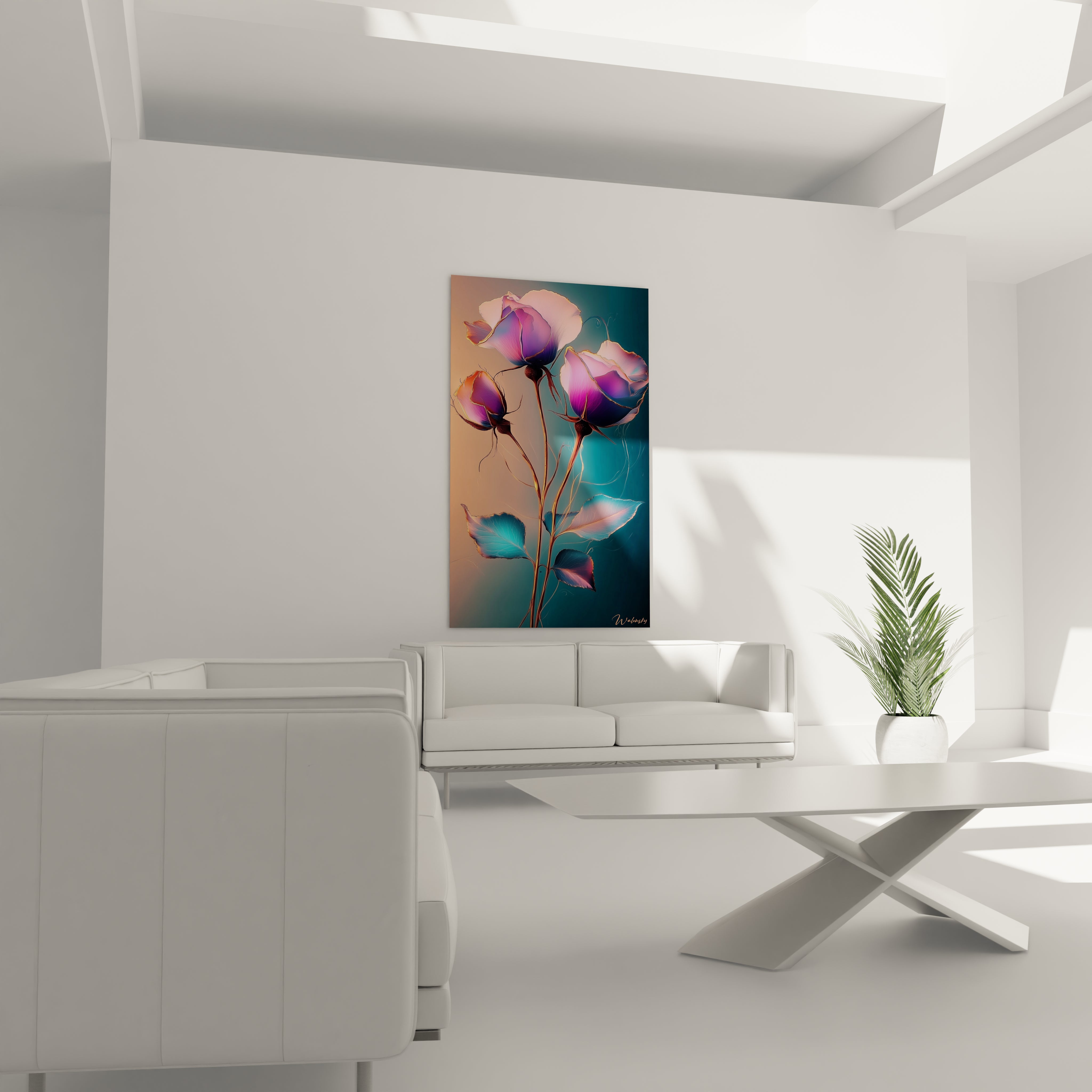 Un tableau fleurs contemporain représentant trois boutons floraux ouverts aux couleurs violet, rose et bleu, avec des contours dorés lumineux, des tiges brunes élancées et des feuilles turquoise éclatantes sur fond dégradé apaisant.
