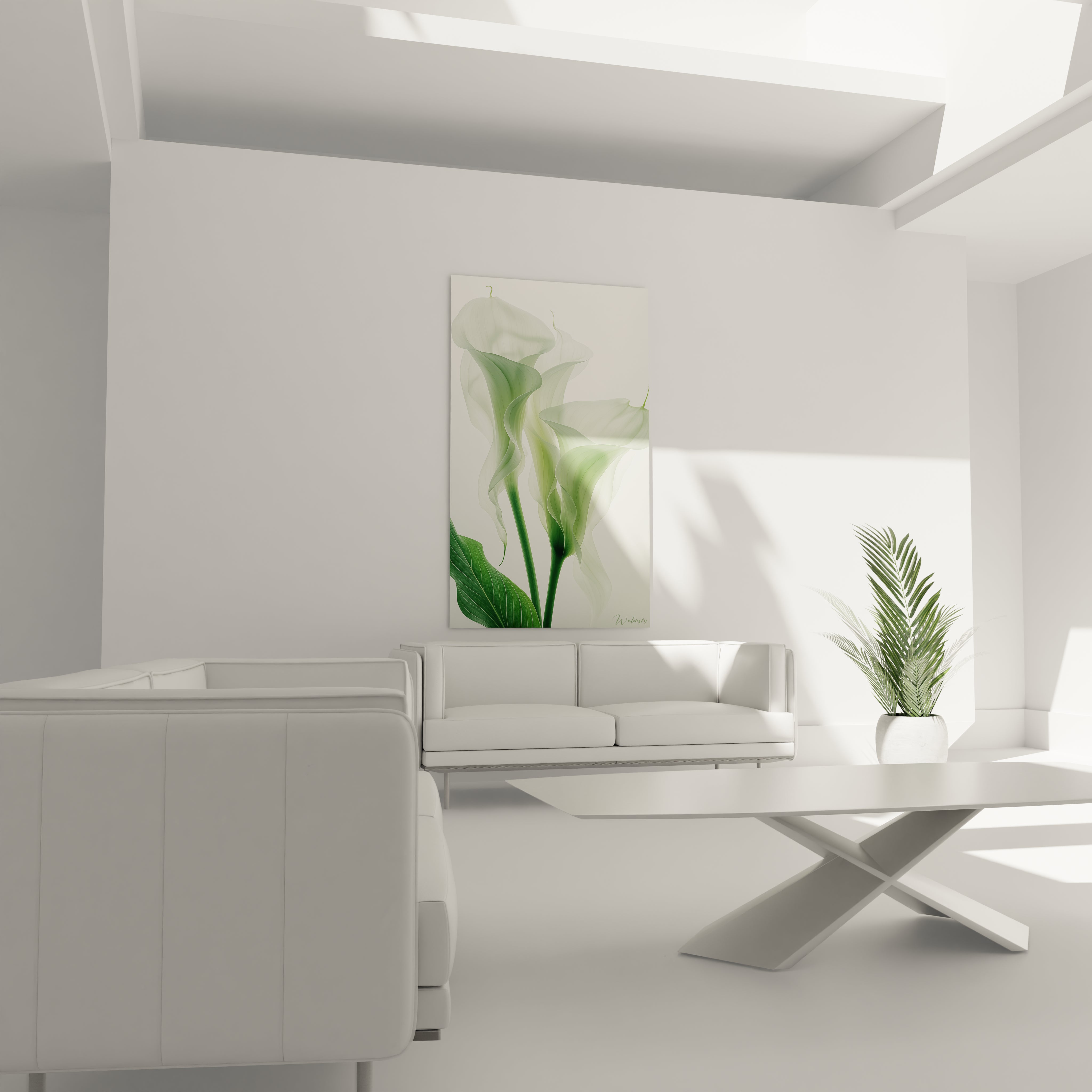 Un tableau fleurs minimaliste présentant trois arums blancs aux pétales semblables à du voile, révélant leurs structures internes. Les verts tendres et blancs immaculés dominent cette composition botanique épurée.
