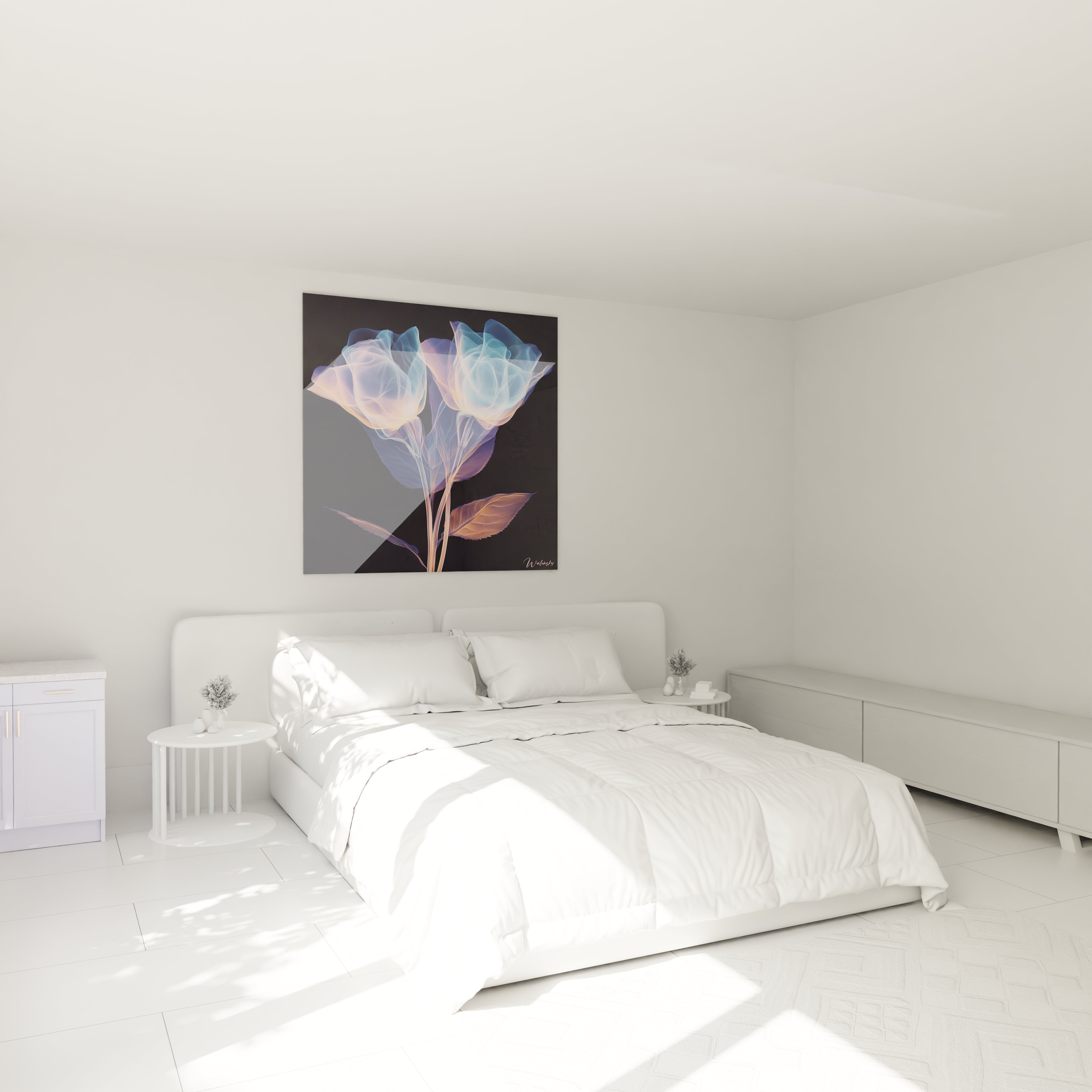 Un tableau fleurs luminescentes représentant un duo floral éthéré aux teintes bleu glacier et orange pâle. Les fleurs semblent émaner leur propre lumière contre le fond obscur, avec des pétales transparents aux contours brillants et des tiges élancées finement dessinées.
