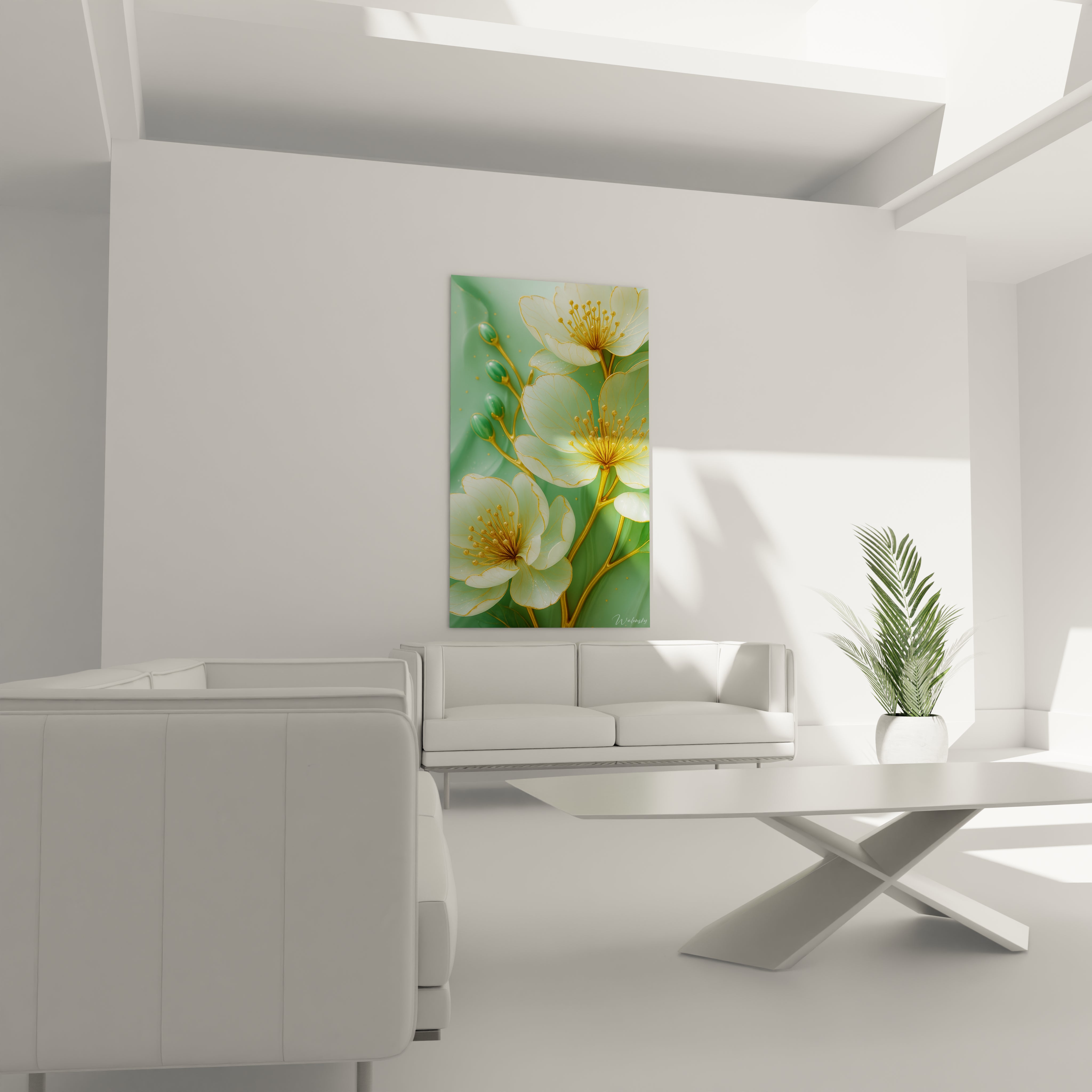 Un tableau fleurs délicates figurant des blooms blancs transparents bordés d'or sur arrière-plan vert jade. La composition montre trois fleurs épanouies aux étamines dorées scintillantes et des bourgeons verts lumineux sur branches dorées.
