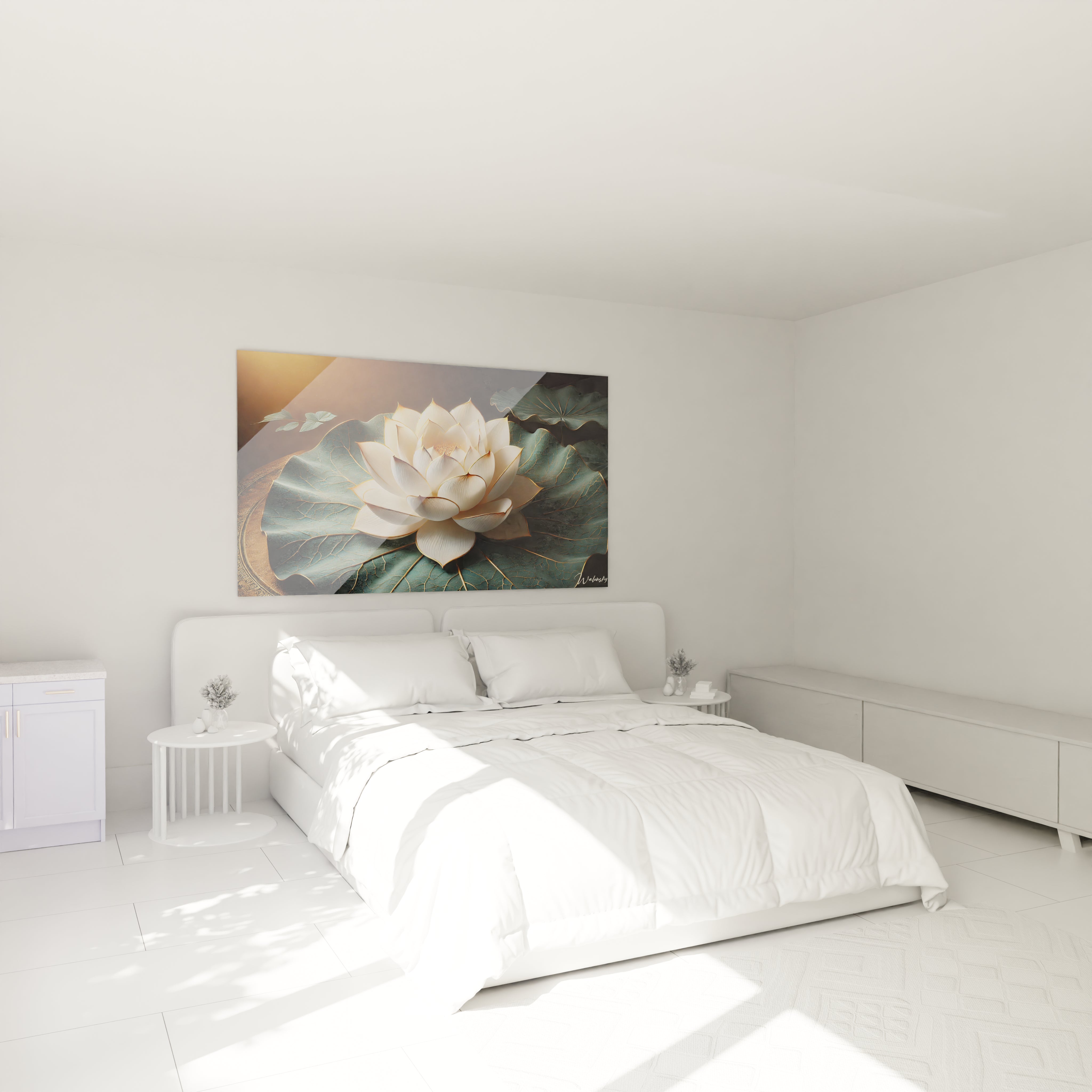 Dans une chambre, le tableau Fleur de Lotus apporte calme et harmonie au-dessus du lit, creant un espace apaisant ideal pour des nuits sereines.

