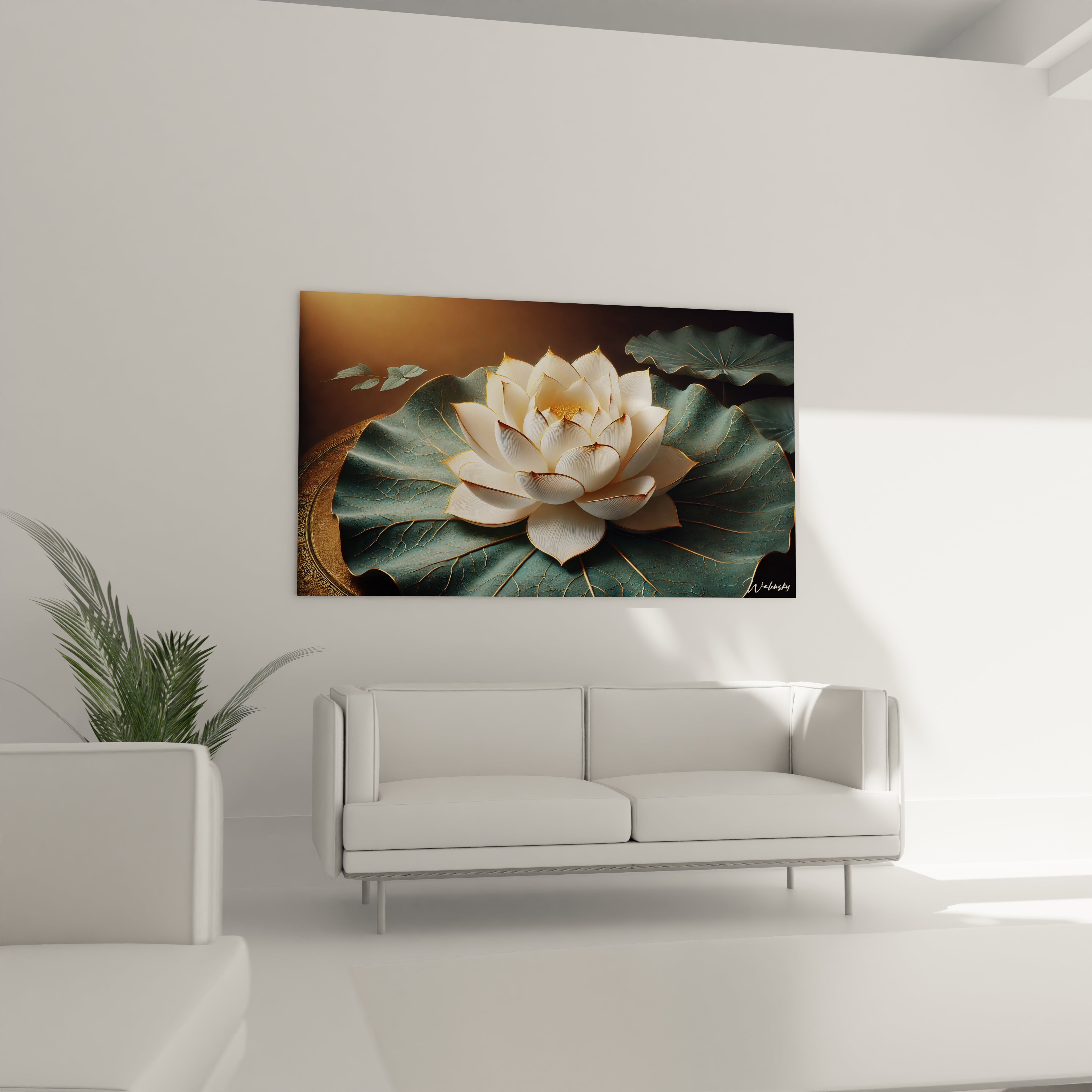 Sublimez votre salon avec le tableau Fleur de Lotus accroche au-dessus du canape, une ode a la purete et a la renaissance pour un decor raffine.

