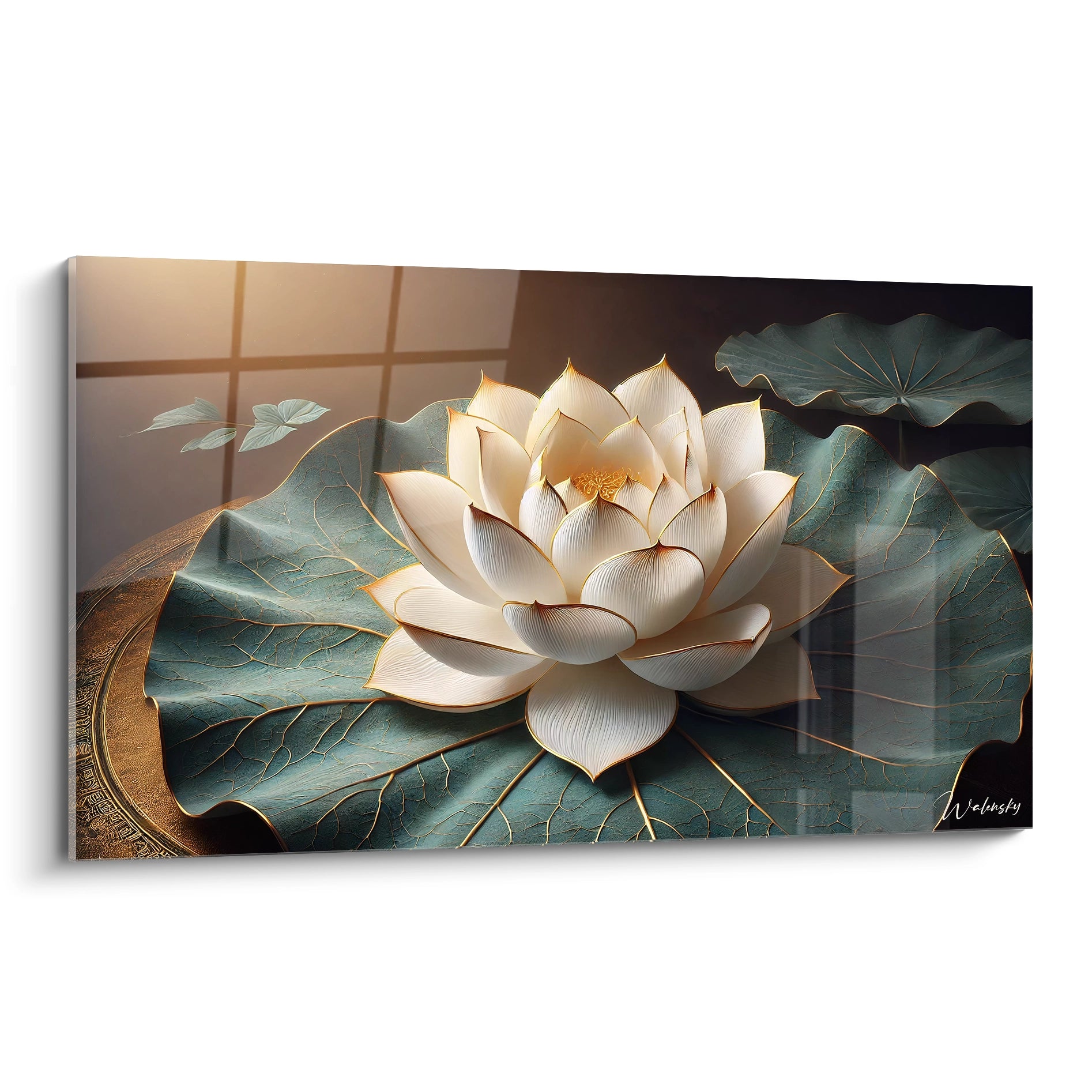 Admirez ce tableau Fleur de Lotus vu de biais, reflet de purete et de serenite, avec ses details subtils et ses nuances de blanc, vert et or inspirees de la nature.

