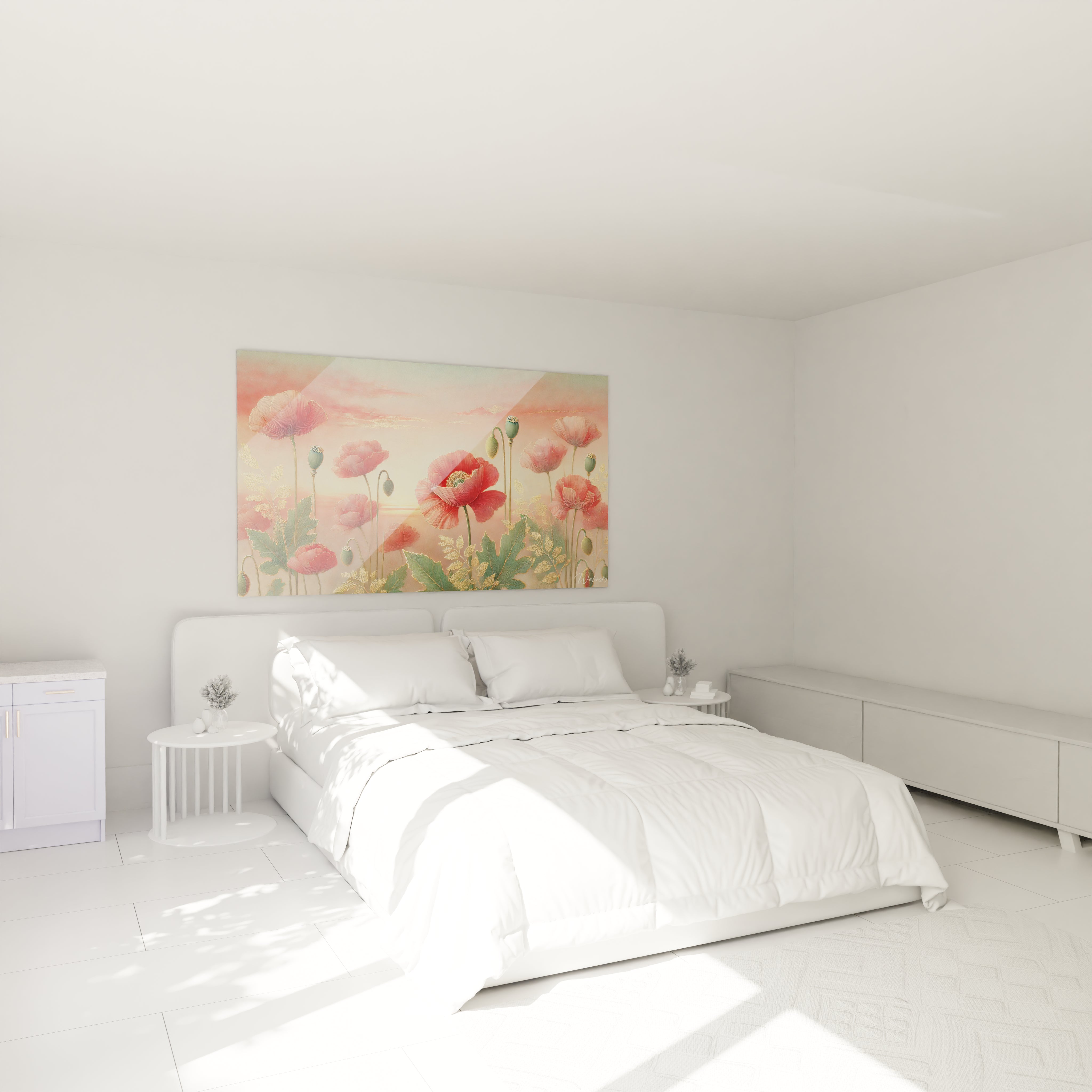 Tableau Champs de Fleurs suspendu au-dessus du lit, créant une ambiance apaisante et lumineuse dans la chambre. Parfait pour une touche de poésie et de nature dans un espace intime

