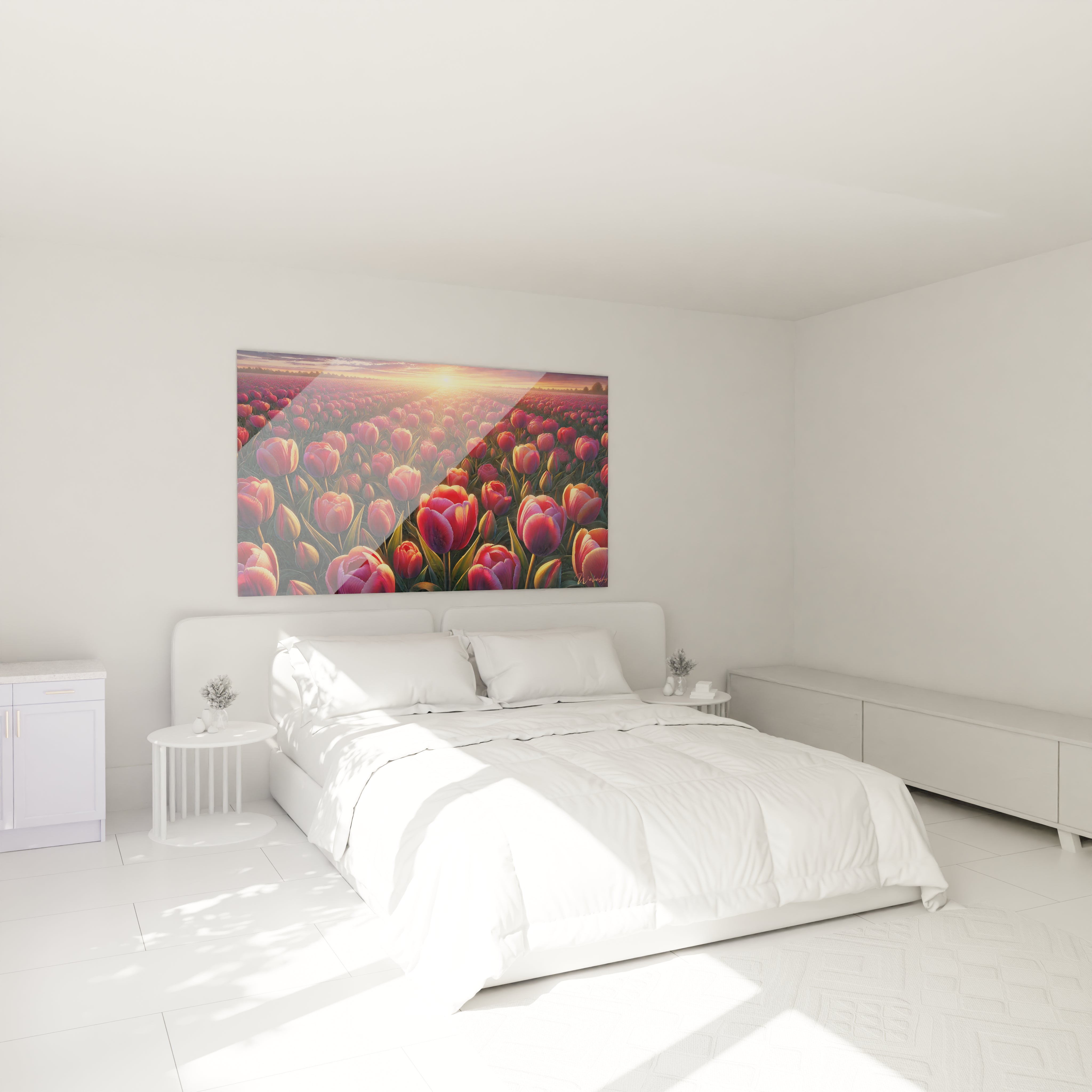 tableau Champs de Fleurs accroche au dessus du lit dans une chambre apportant une ambiance apaisante et romantique Un hommage a la nature baignee de lumiere et de douceur

