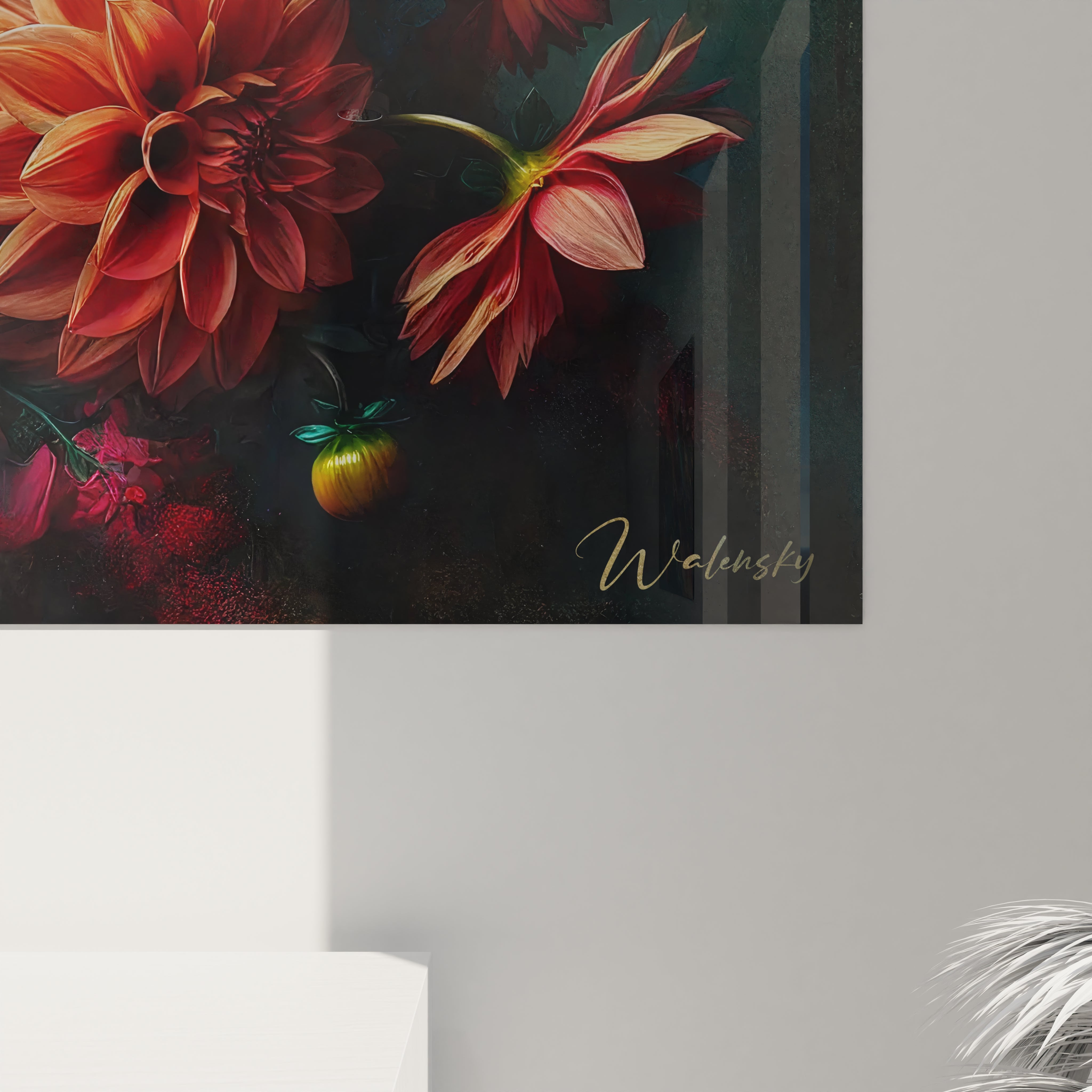 Vue rapprochée du tableau Fleur révélant les textures et teintes intenses, chaque détail offrant une immersion dans la beauté des dahlias en pleine expression.






