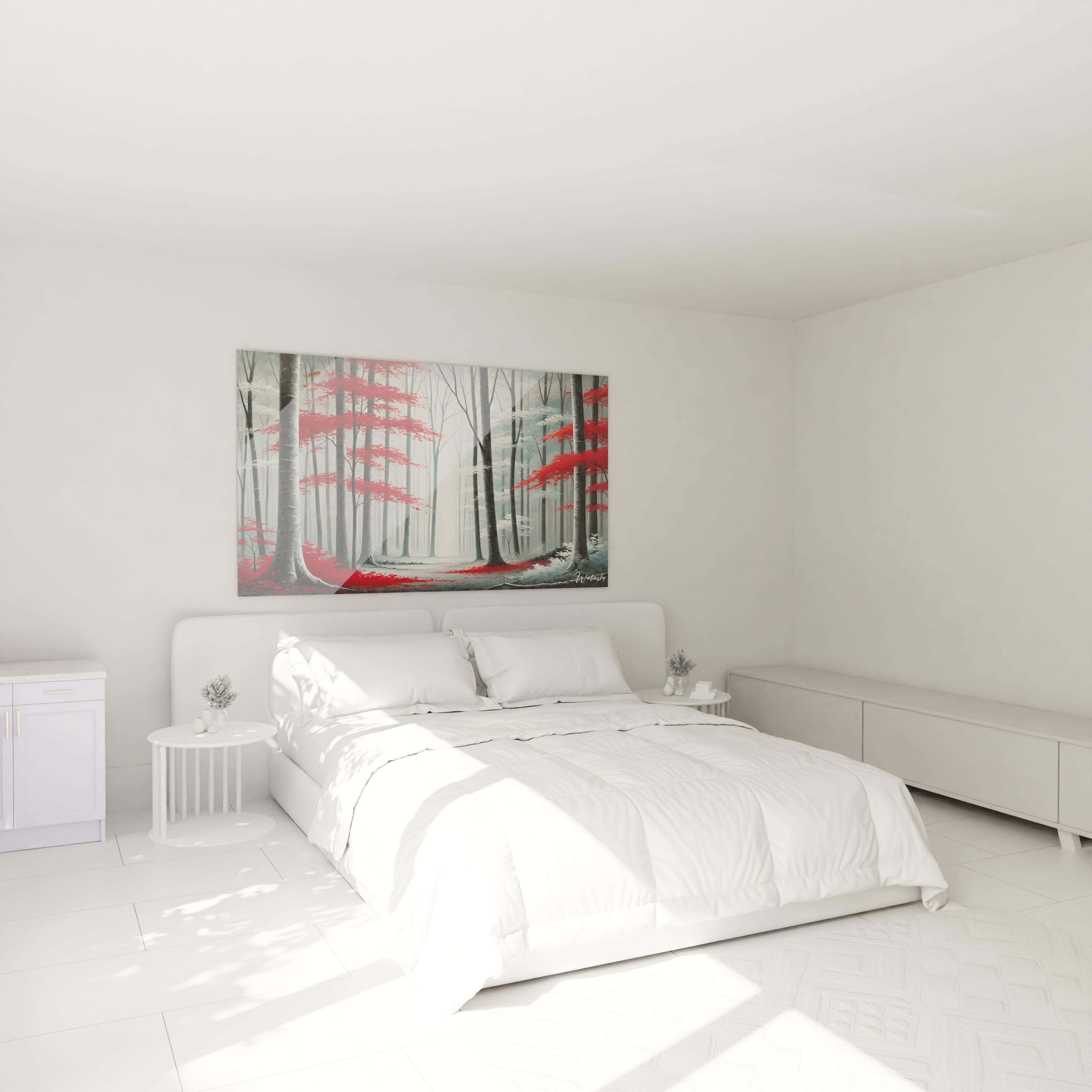 Tableau Foret accroche au mur dans une chambre Ambiance apaisante et elegante avec des feuillages rouge vif contrastant sur fond gris Ideal pour creer une touche contemporaine et mysterieuse dans la deco

