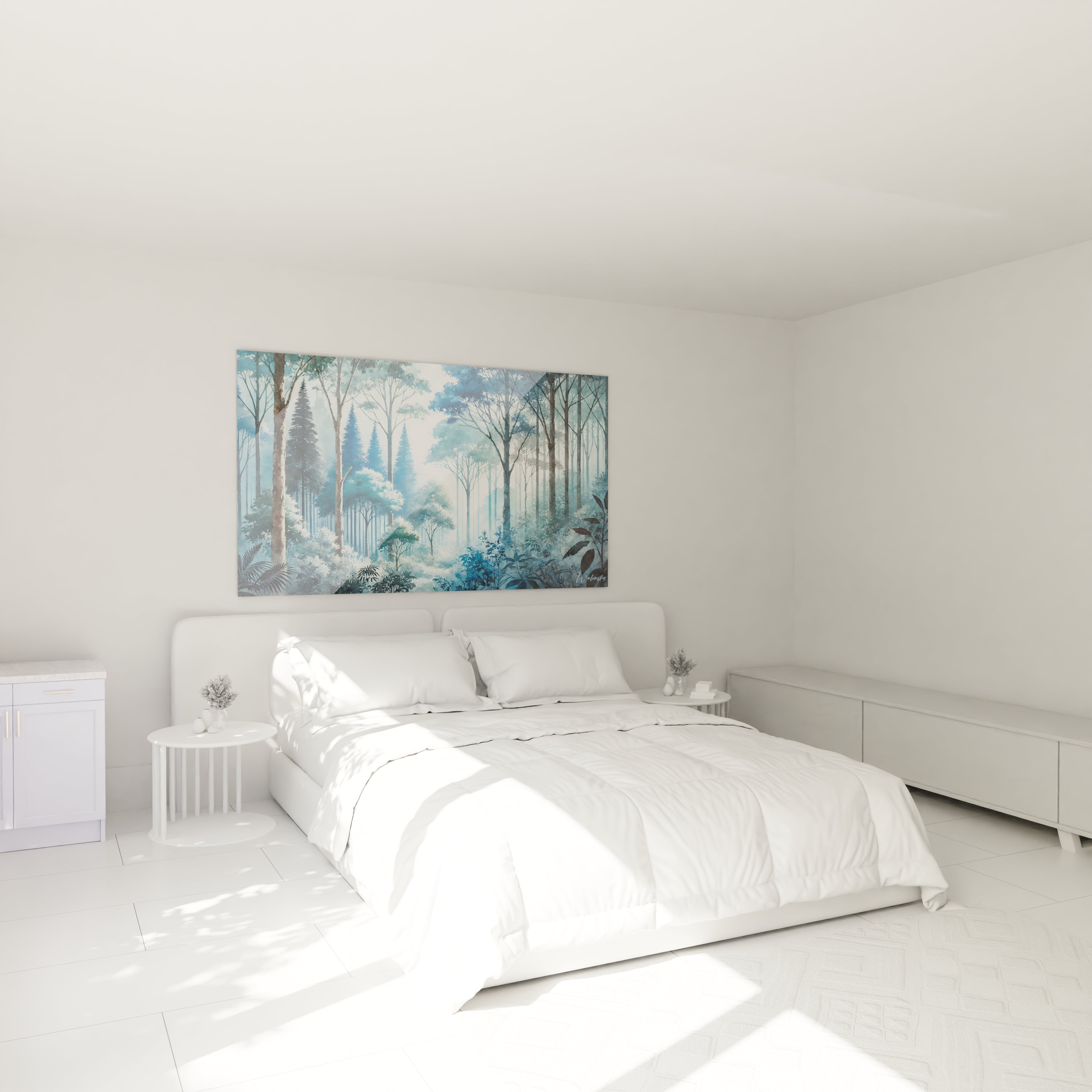 Tableau forêt suspendu dans une chambre offrant une ambiance apaisante Ses couleurs bleues et vertes ajoutent une touche de serenite parfaite pour un espace reposant et naturel

